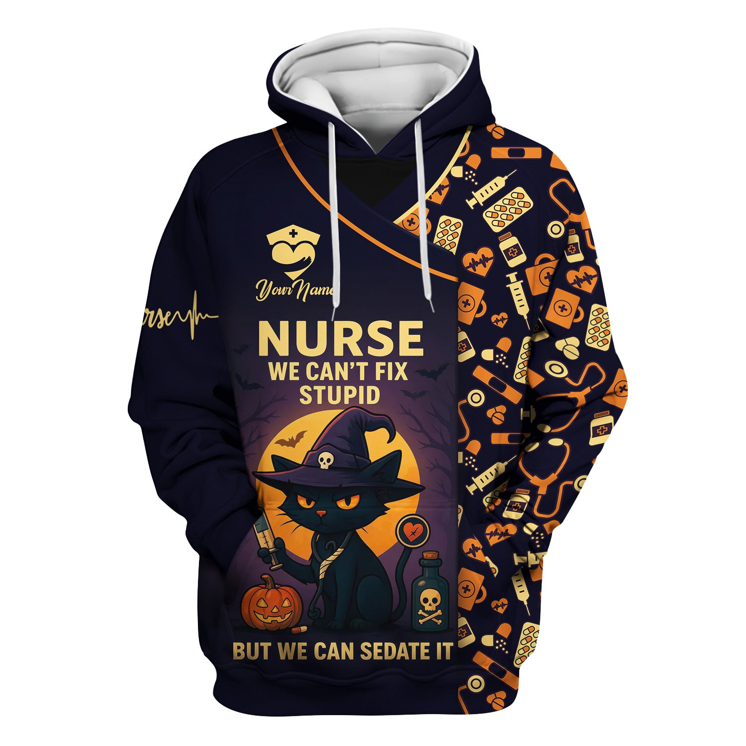 Personalized Halloween Nurse Scrub Top - We Can’t Fix Stupid Black Cat Quote - Gift for RN CNA LPN