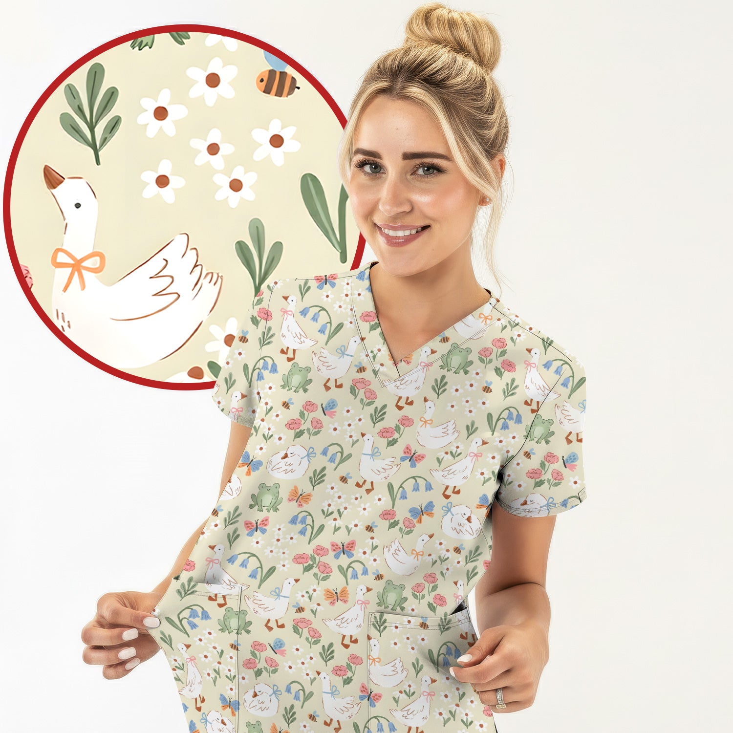 Cute Goose & Frog Garden Print Scrub Top, Comfortable Scrubs for Nurses