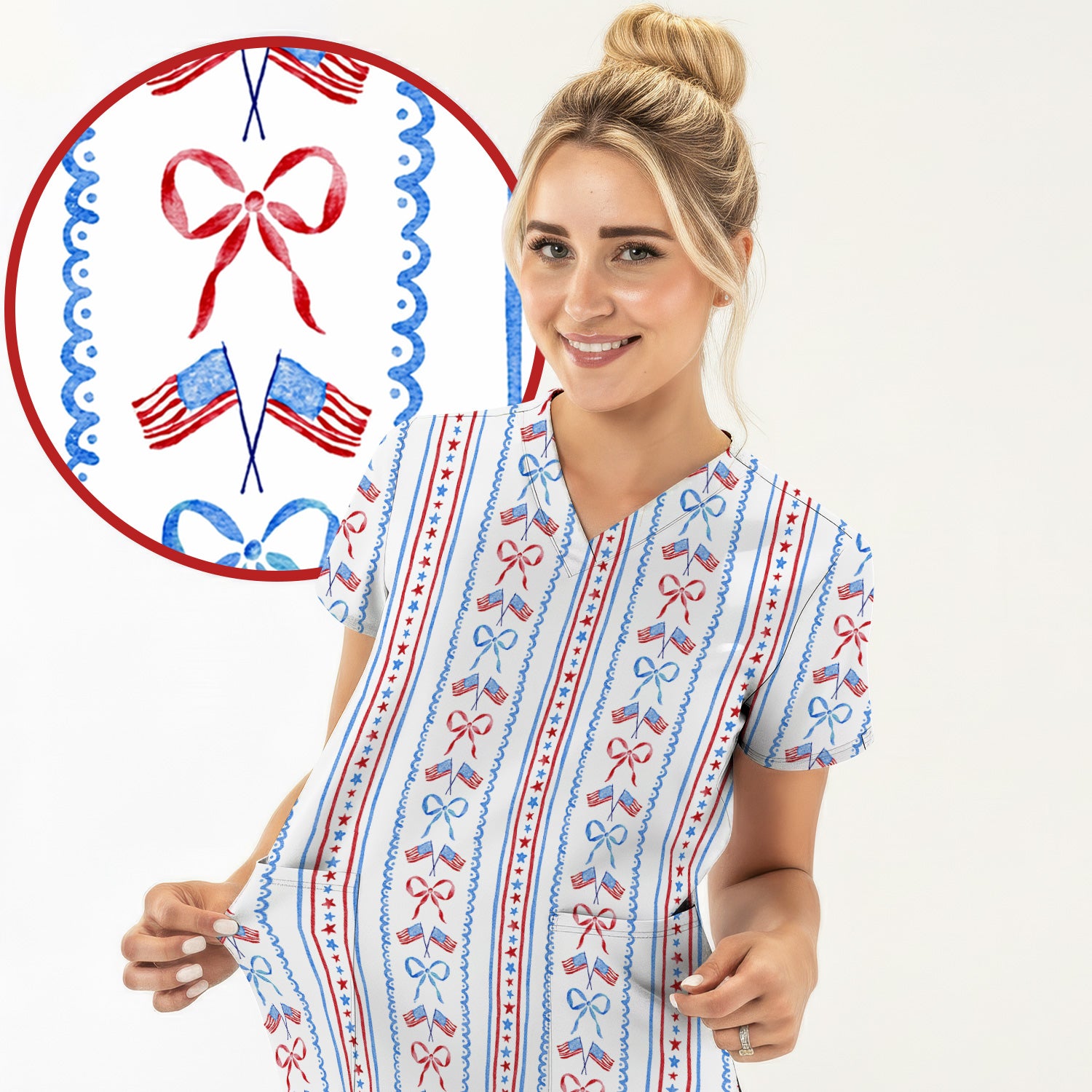 Patriotic USA Flag Bow Stripe Pattern Scrub Top, Comfortable Scrubs for Nurses