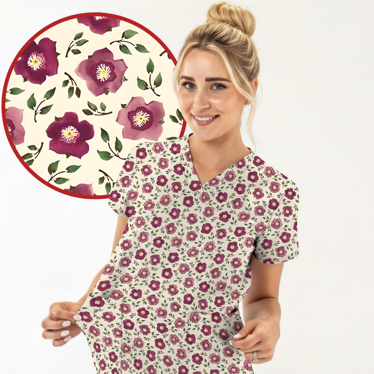 Purple Floral Blossom Leaf Pattern Scrub Top, Comfortable Scrubs for Nurses