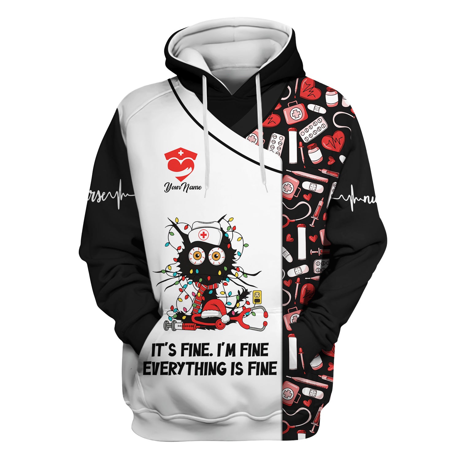 Custom Funny Nurse Christmas Scrub Top - Everything Is Fine Sarcastic Black Cat Design - Holiday Gift for Women RN LPN ER