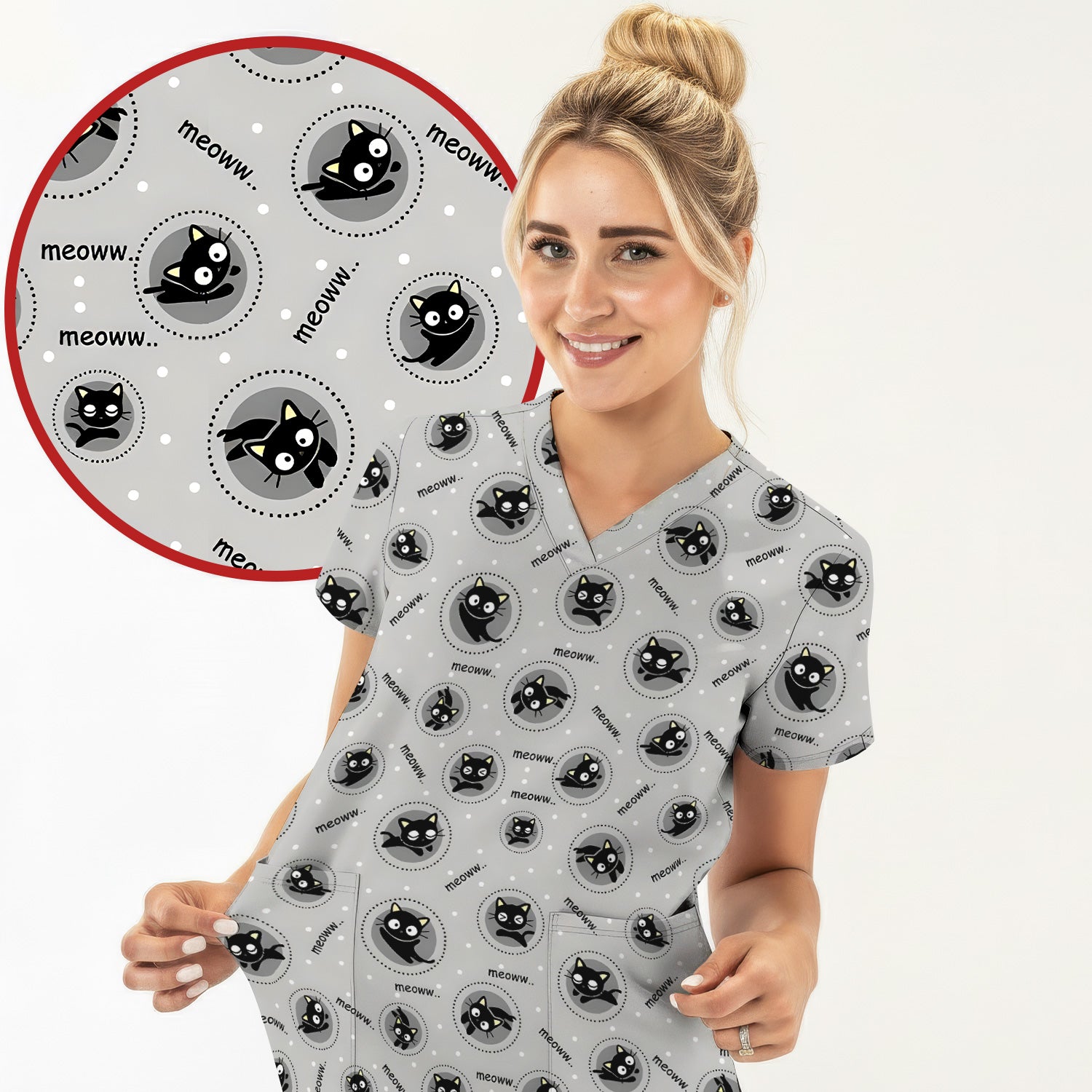 Funny Black Cat Meow Pattern Scrub Top, Comfortable Scrubs for Nurses