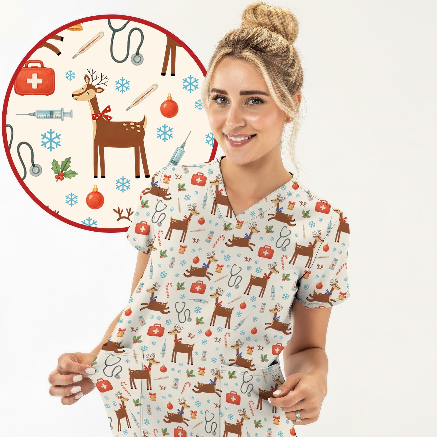 Reindeer Christmas Scrub Top - Snowflakes Candy Canes Holiday Medical Shirt - Xmas Scrubs for Women RN CNA LPN