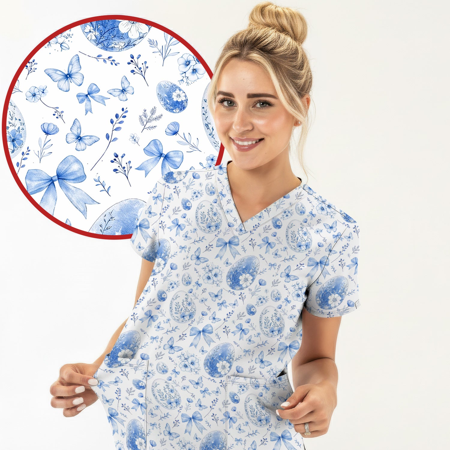 Butterfly Floral Bow Vintage Pattern Scrub Top, Breathable Fabrics Nursing Uniform