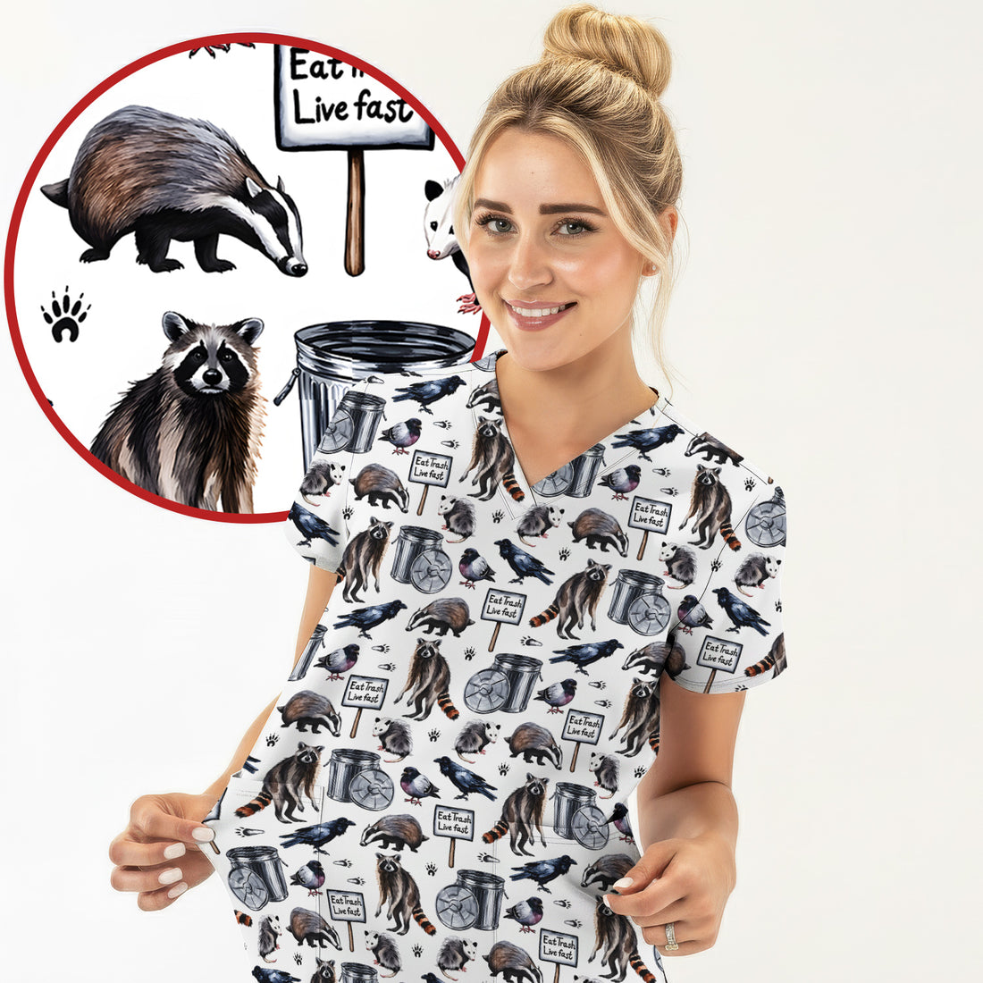 Raccoon And Opossum Eat Trash Live Fast Scrub Top, Breathable Fabrics Nursing Uniform