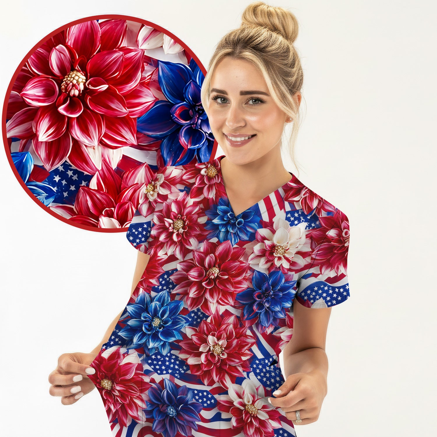 Festive Patriotic Floral Flag Pattern Scrub Top, Comfortable Scrubs for Nurses