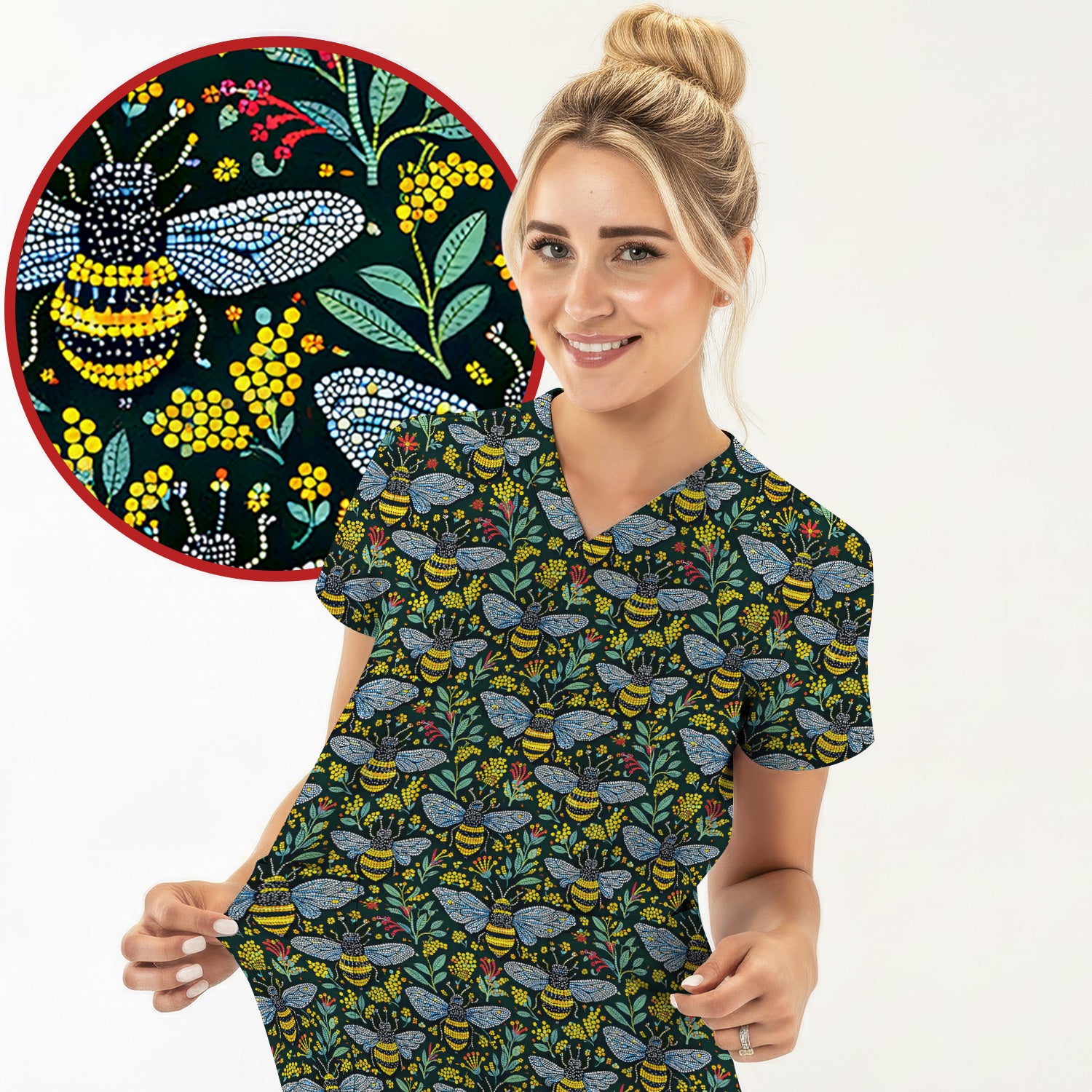 Honey Bee And Wildflower Garden Pattern Scrub Top, Comfortable Scrubs for Nurses