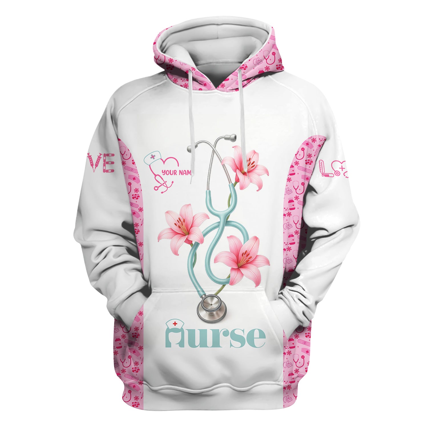 Personalized Nurse Scrubs - Pink Floral Stethoscope Design with Name Customization - Gift for RN, CNA, LPN