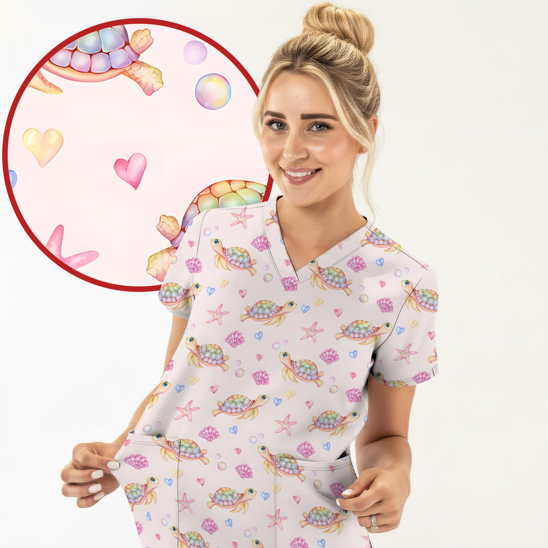 Sea Turtle Ocean Print Scrub Top, Comfortable Scrubs for Nurses