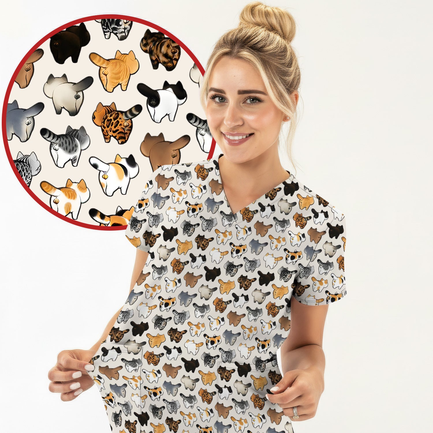 Cat Butt Pattern Medical Scrub Top, Breathable Fabrics Nursing Uniform