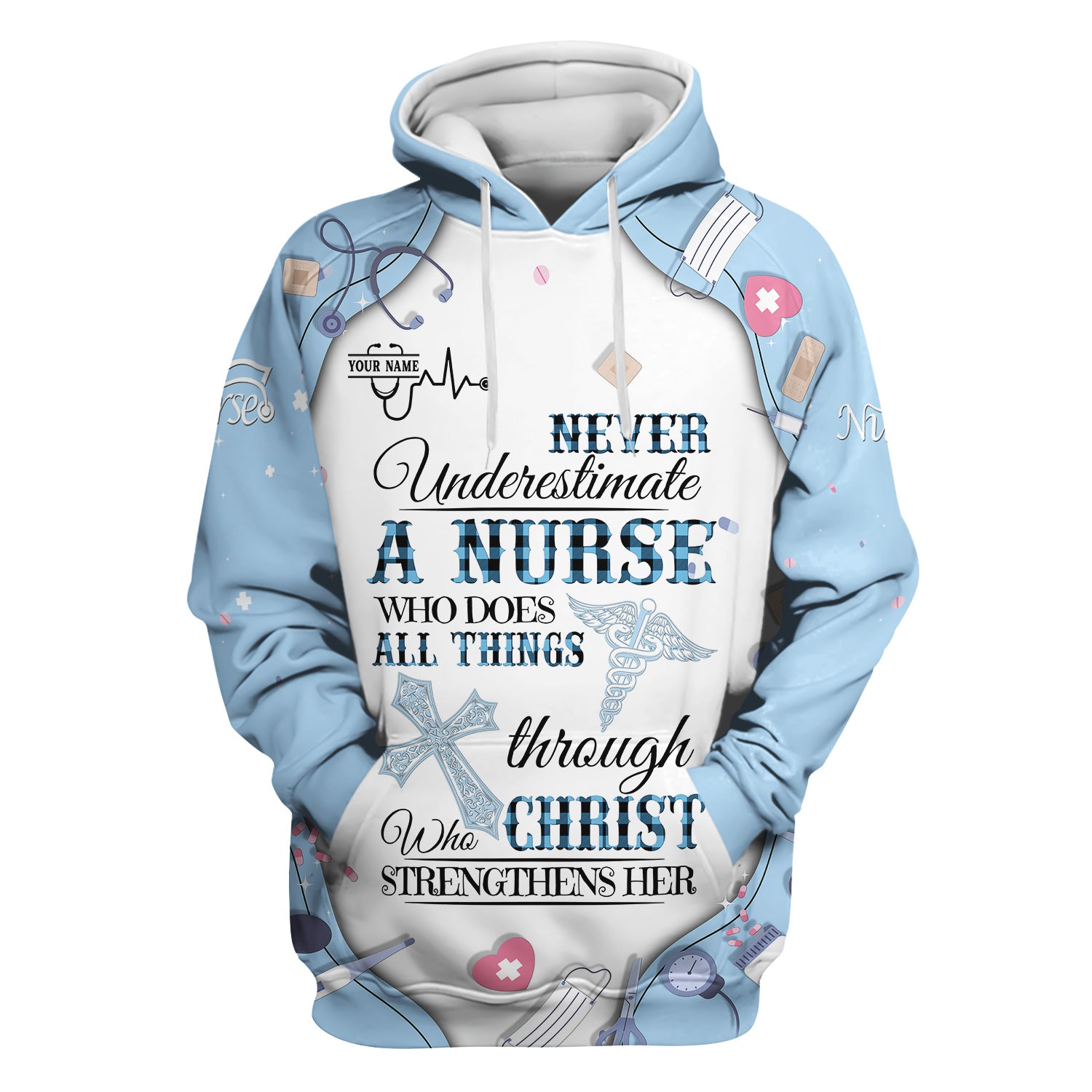 Personalized Nursing Faith Scrub for Women - Bible Verse All Things Through Christ - Religious Gift for Healthcare Professionals RN LPN CNA