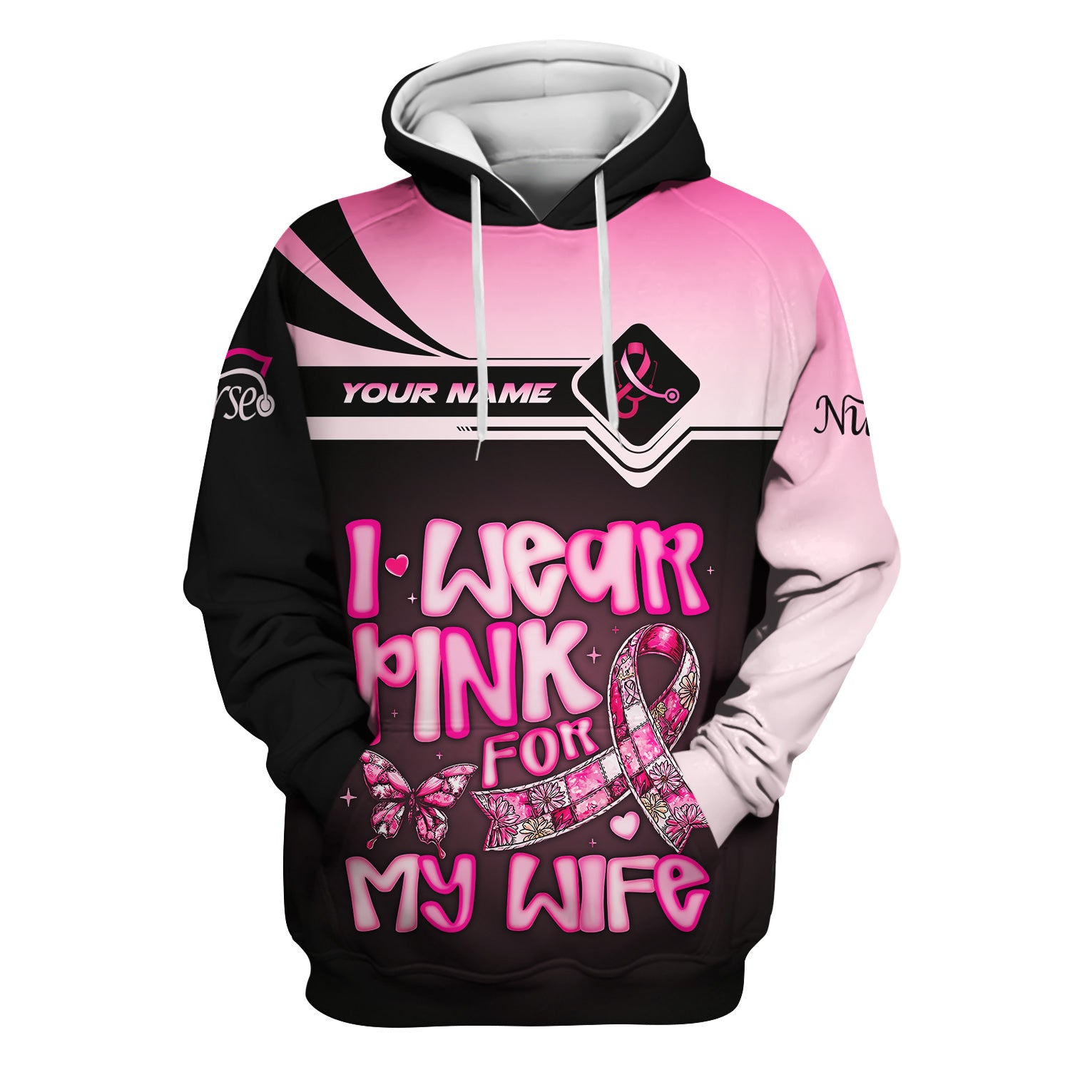 Personalized Breast Cancer Awareness Scrub Top - I Wear Pink For My Wife - RN LPN CNA Healthcare Workers Gift