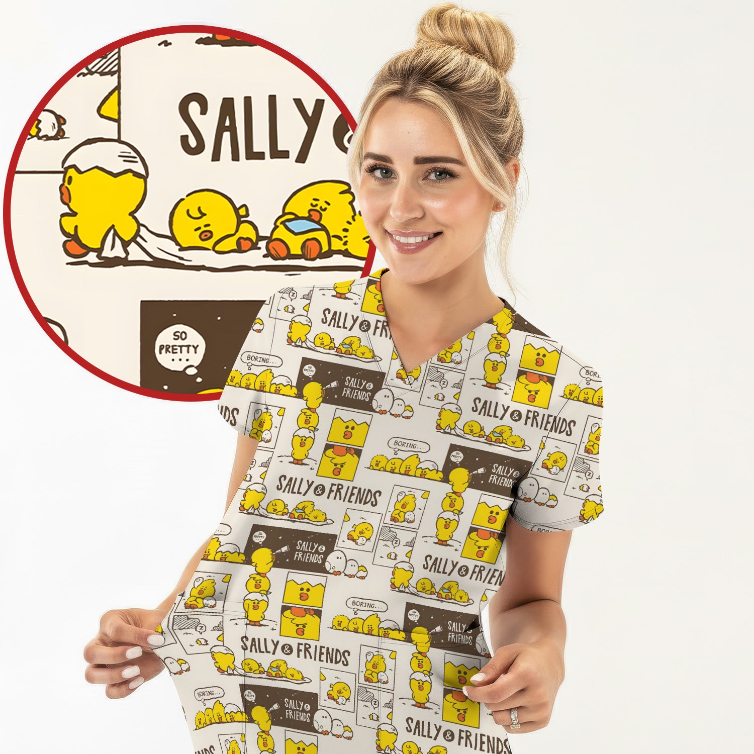 Cute Cartoon Chick Comic Pattern Scrub Top, Comfortable Scrubs for Nurses