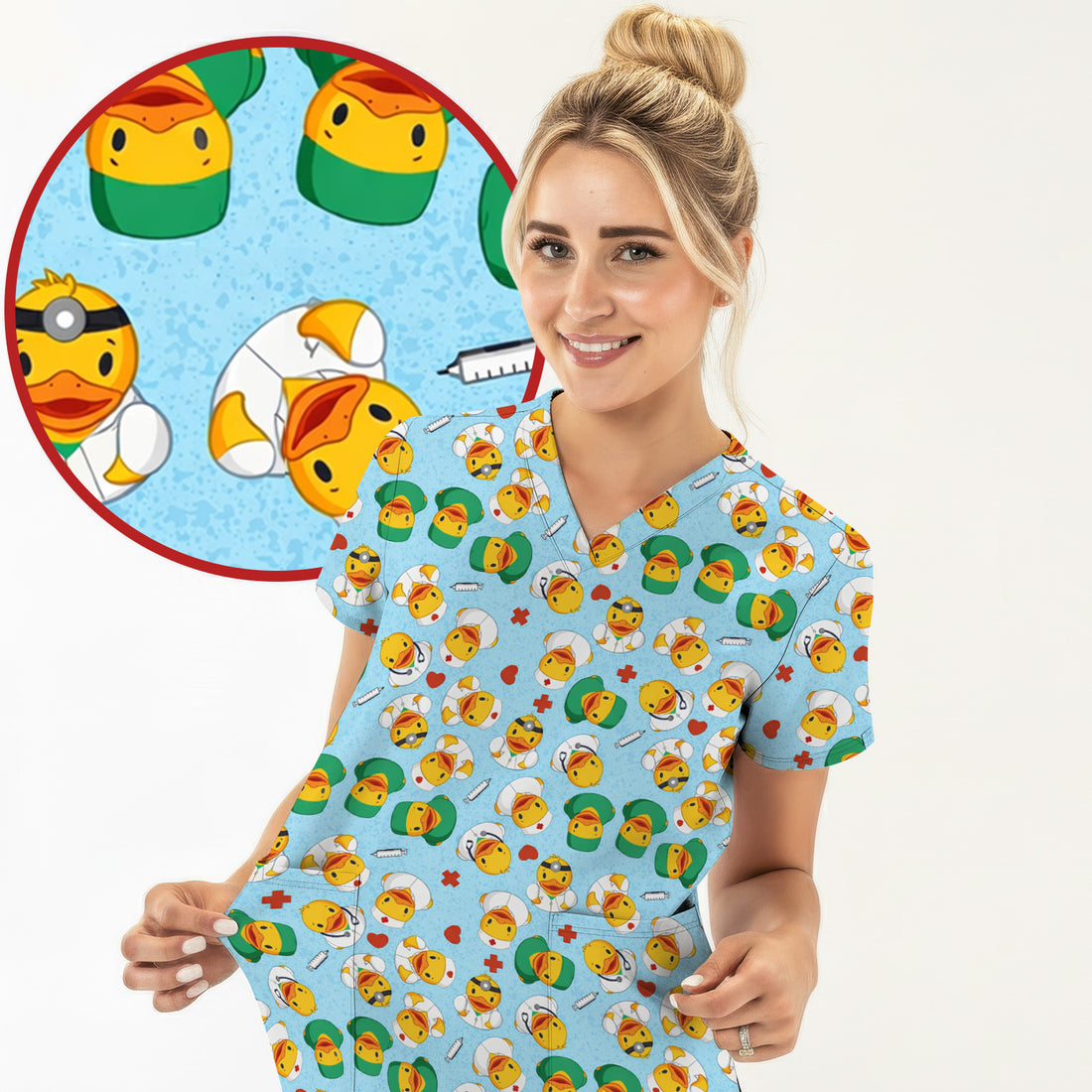 Duck Doctor Cartoon Pattern Scrub Top, Comfortable Scrubs for Nurses