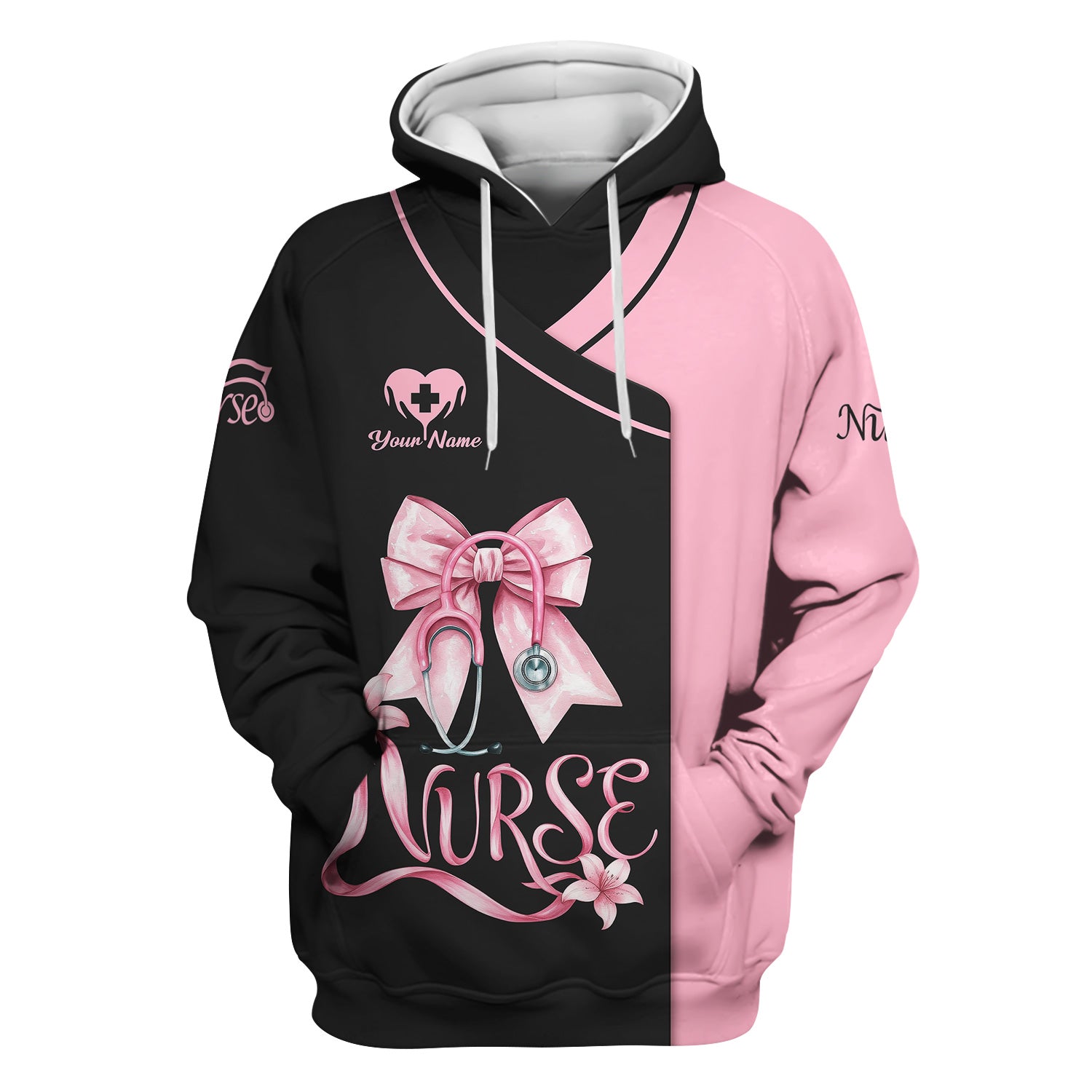 Personalized Pink Nurse Shirt with Name - Cute Bow & Stethoscope Graphic Design - Medical Gift for RN, LPN, CNA