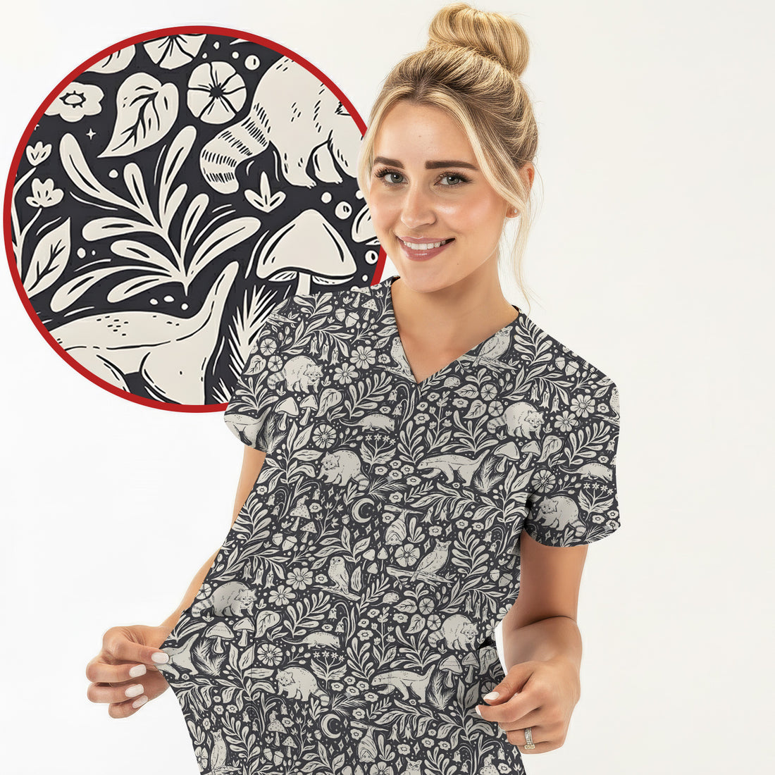 Woodland Animal Forest Pattern Scrub Top, Comfortable Scrubs for Nurses