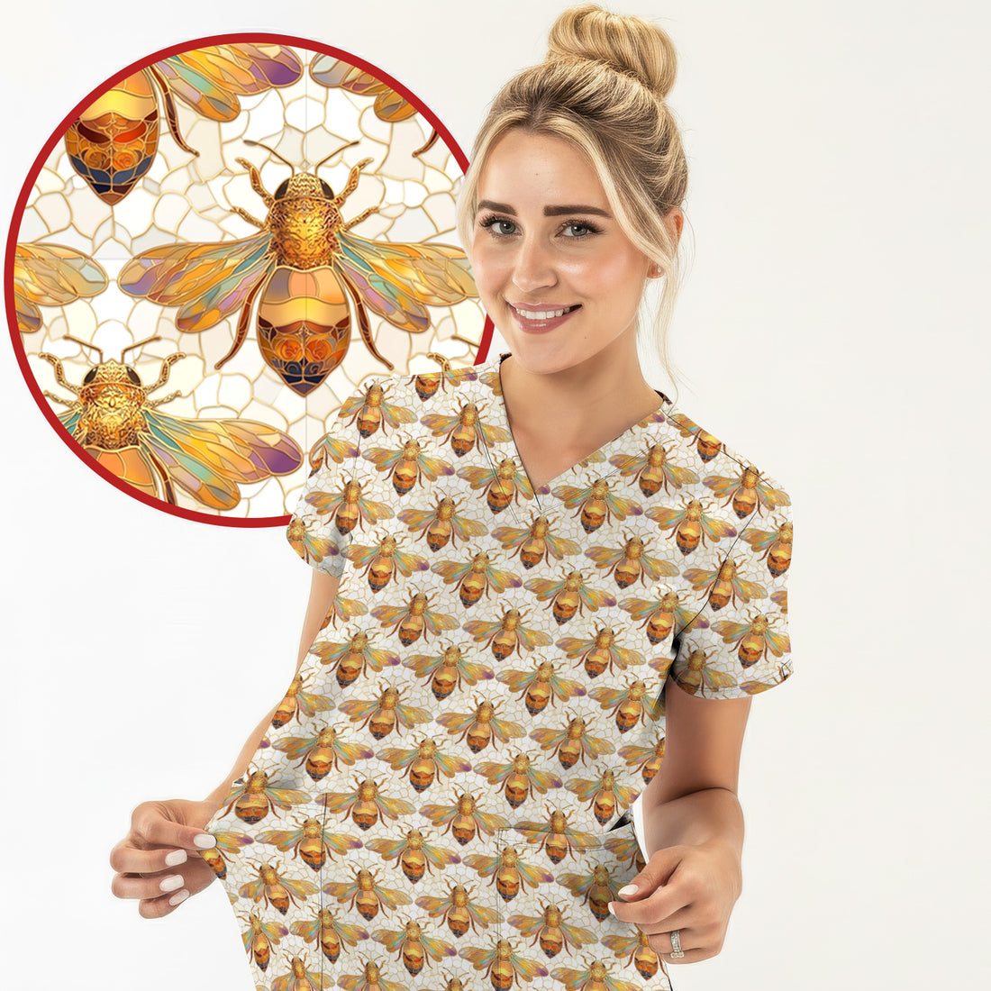 Golden Honey Bee Honeycomb Nurse Pattern Scrub Top, Comfortable Scrubs for Nurses
