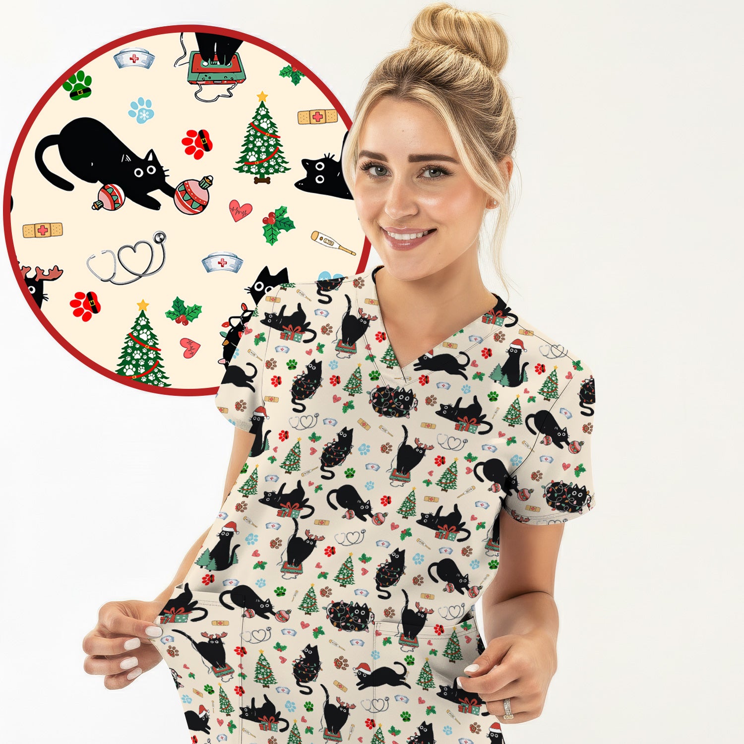 Black Cat Christmas Nurse Scrub Top, Festive Kitty Medical Uniform Shirt for Women
