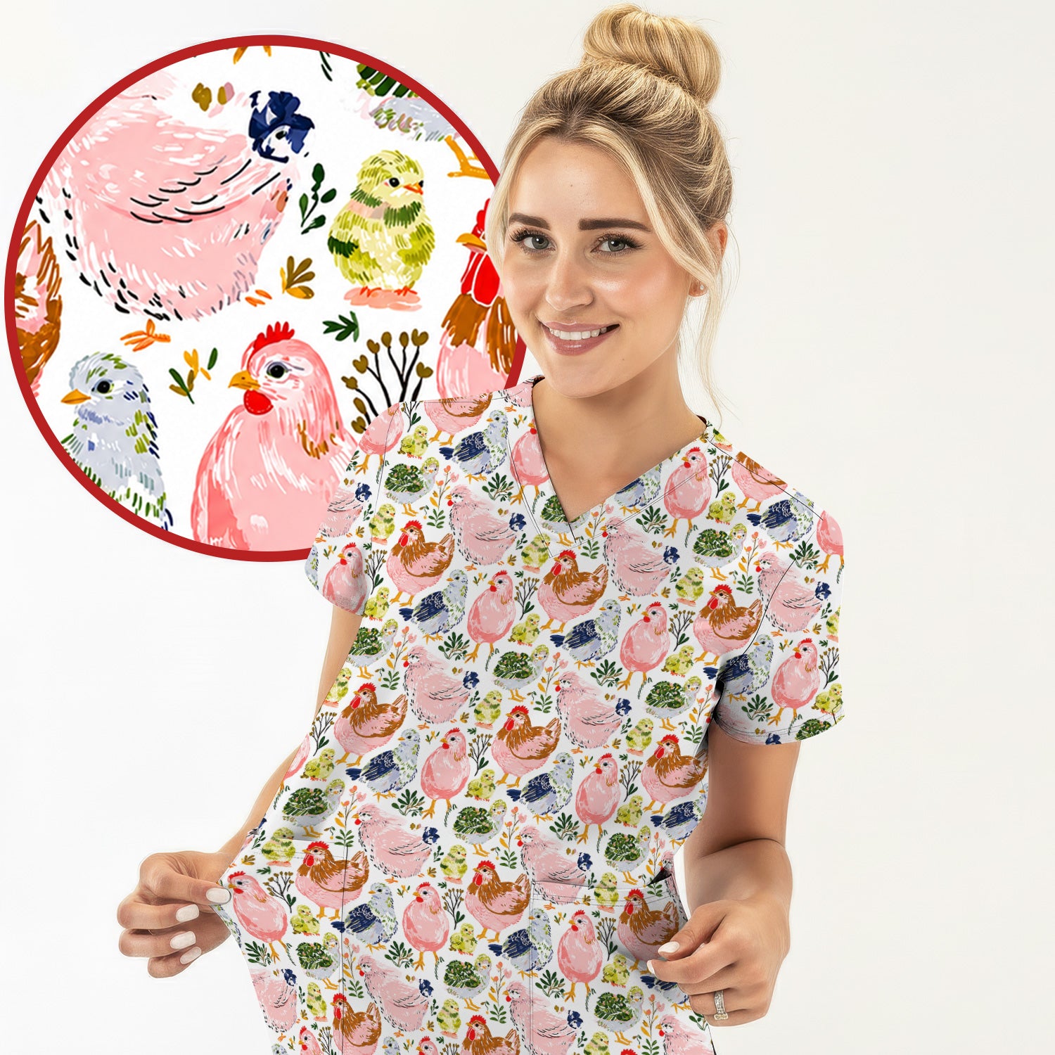 Cute Farm Chicken Hen Chick Pattern Scrub Top, Comfortable Scrubs for Nurses
