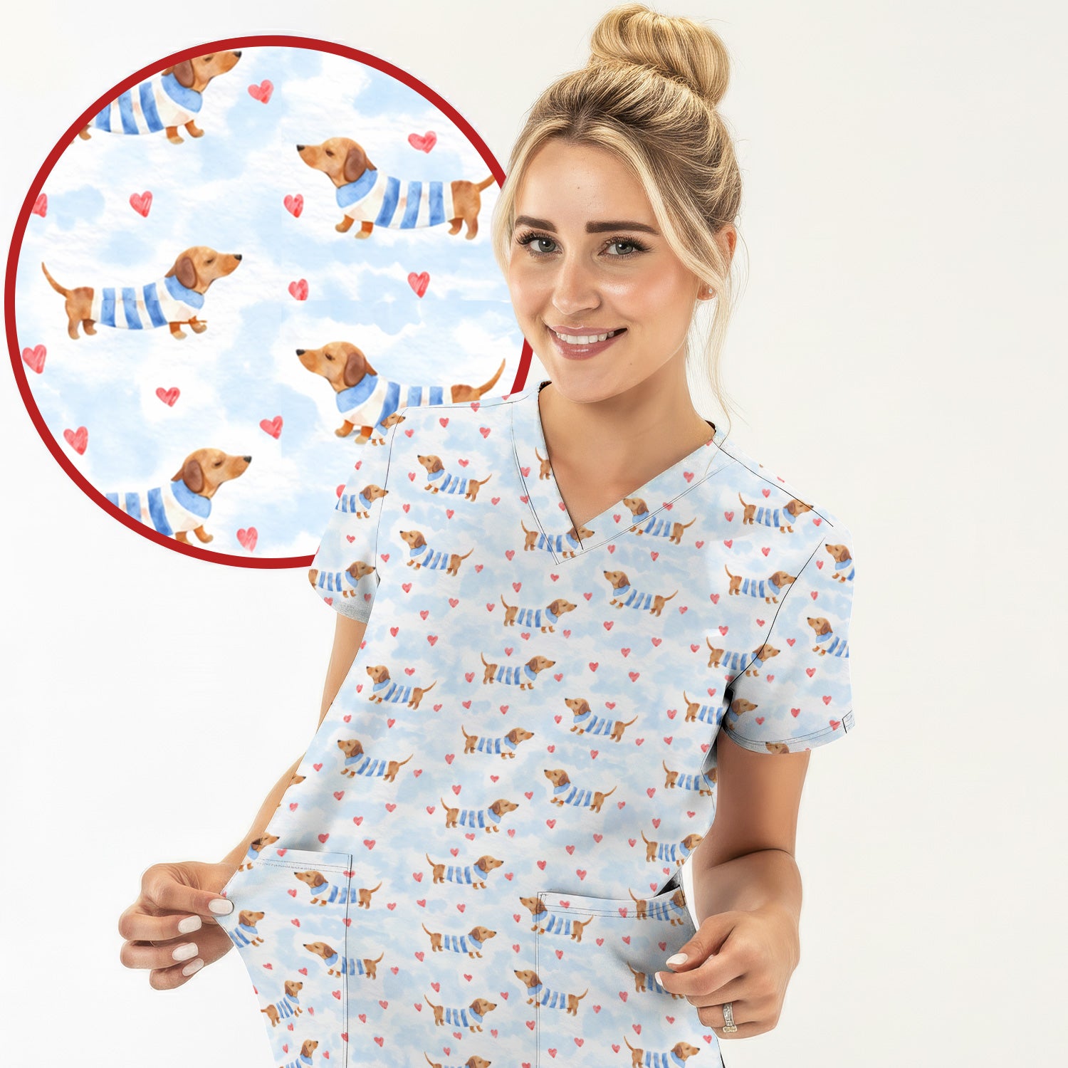 Sweet Dachshund And Pink Hearts Print Scrub Top, Comfortable Scrubs for Nurses