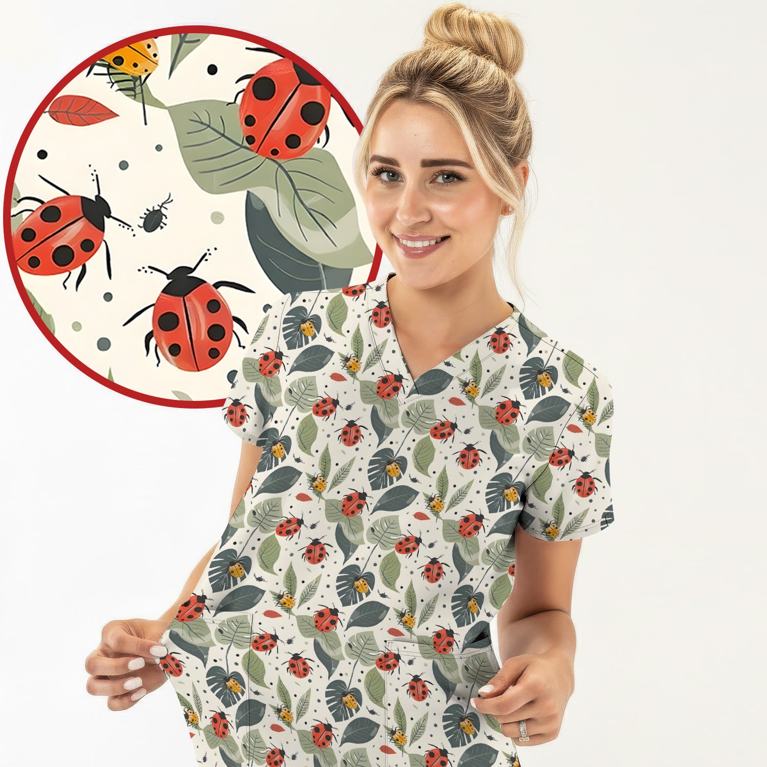Cute Ladybug Leaf Nature Pattern Scrub Top, Comfortable Scrubs for Nurses