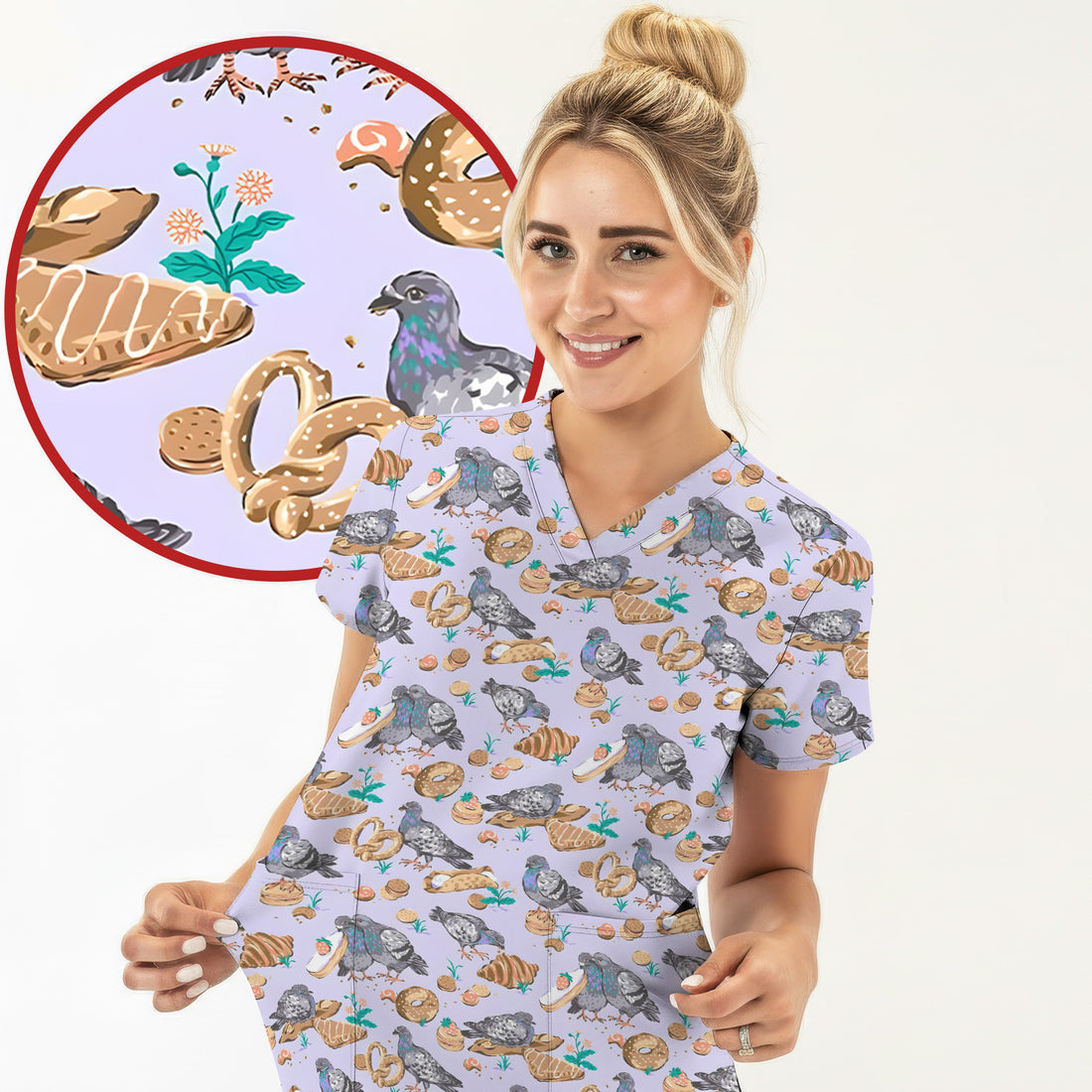 Funny Pigeon Bread Snack Nurse Pattern Scrub Top, Comfortable Scrubs for Nurses