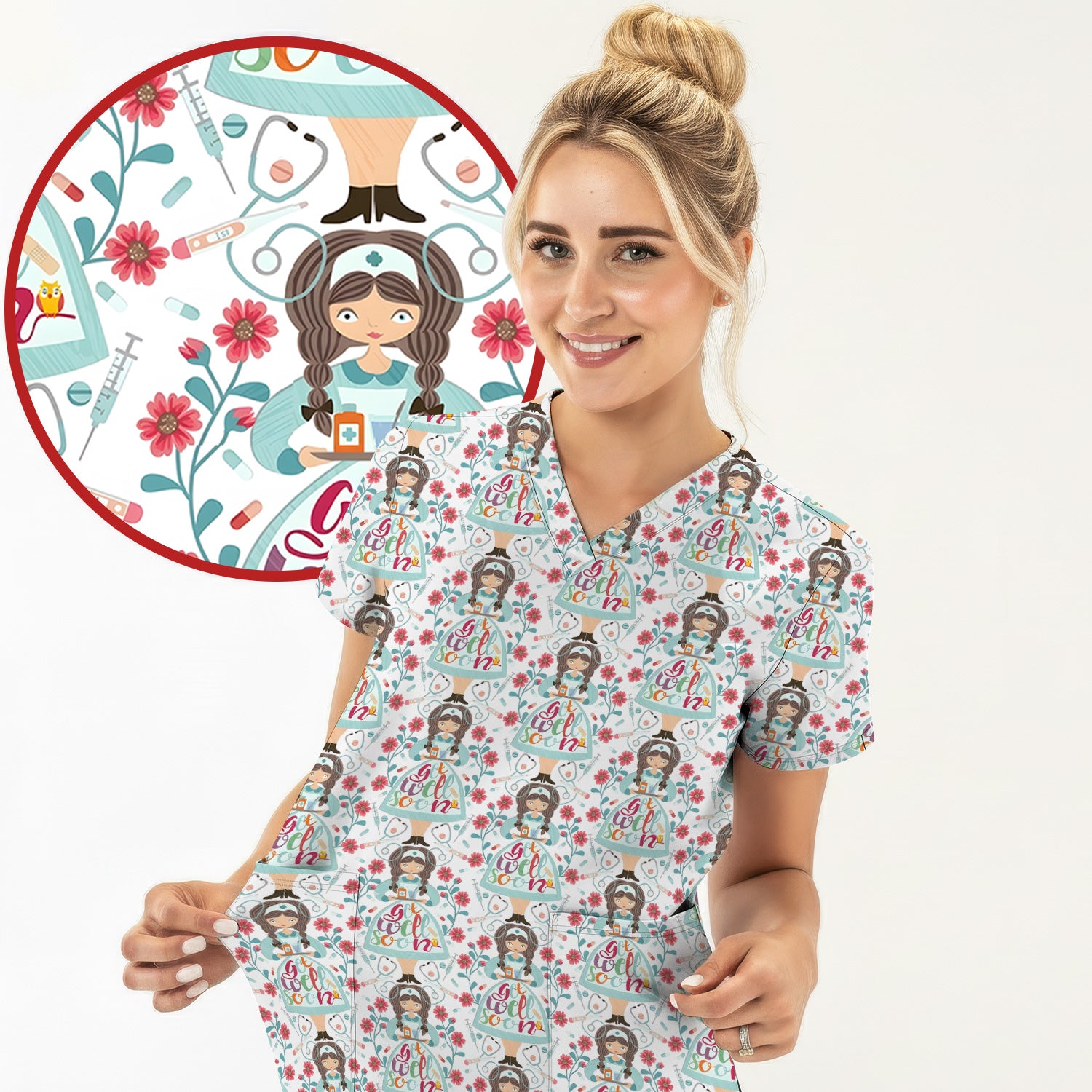 Get Well Soon Girl Floral Caring Pattern Scrub Top, Comfortable Scrubs for Nurses