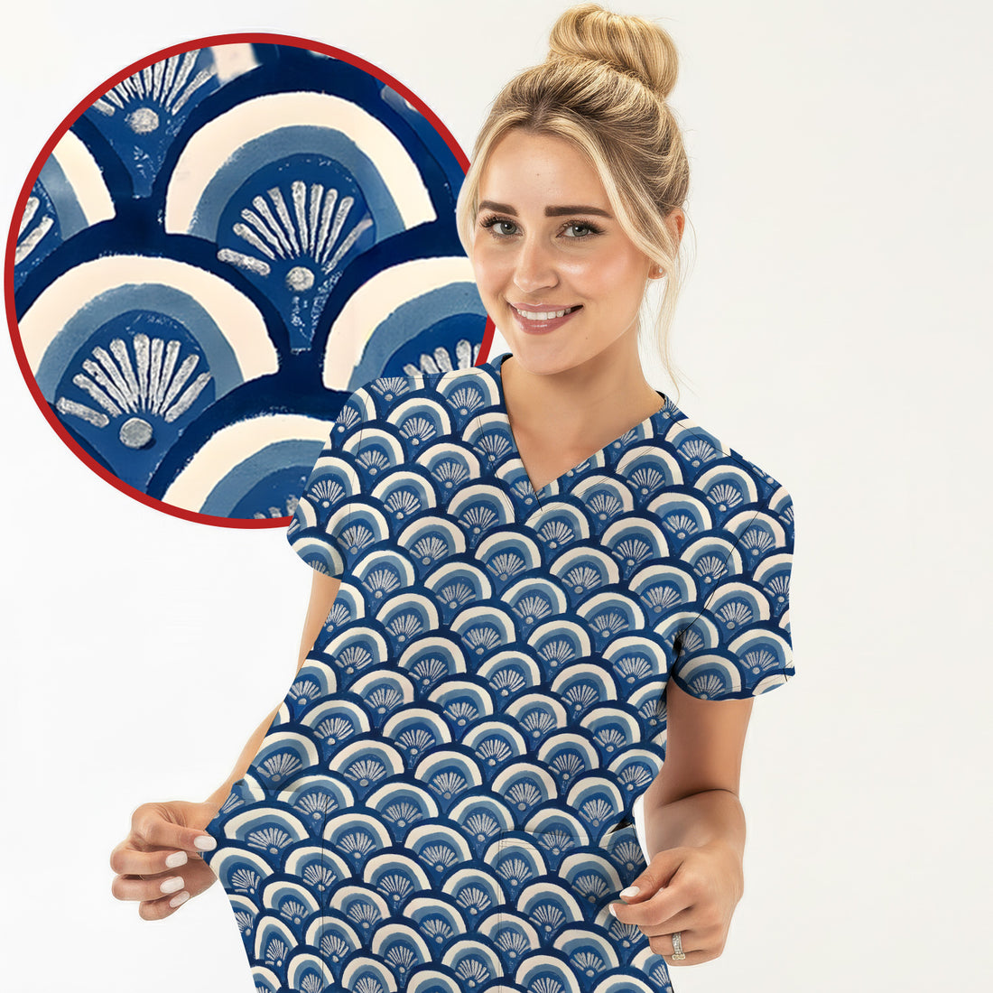 Blue Seashell Pattern Scrub Top for Women, Breathable Nursing Uniform