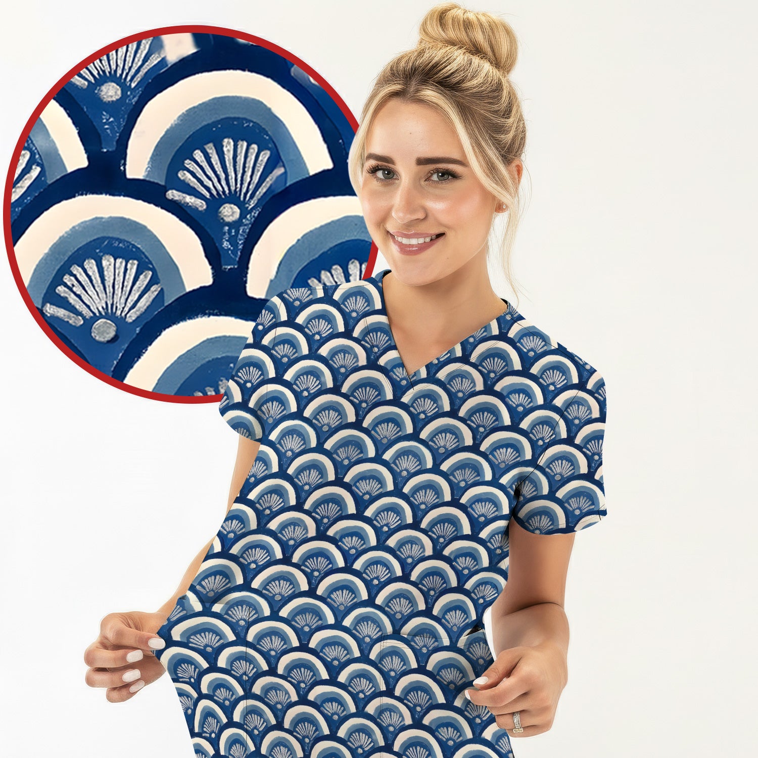 Blue Seashell Pattern Scrub Top for Women, Breathable Nursing Uniform
