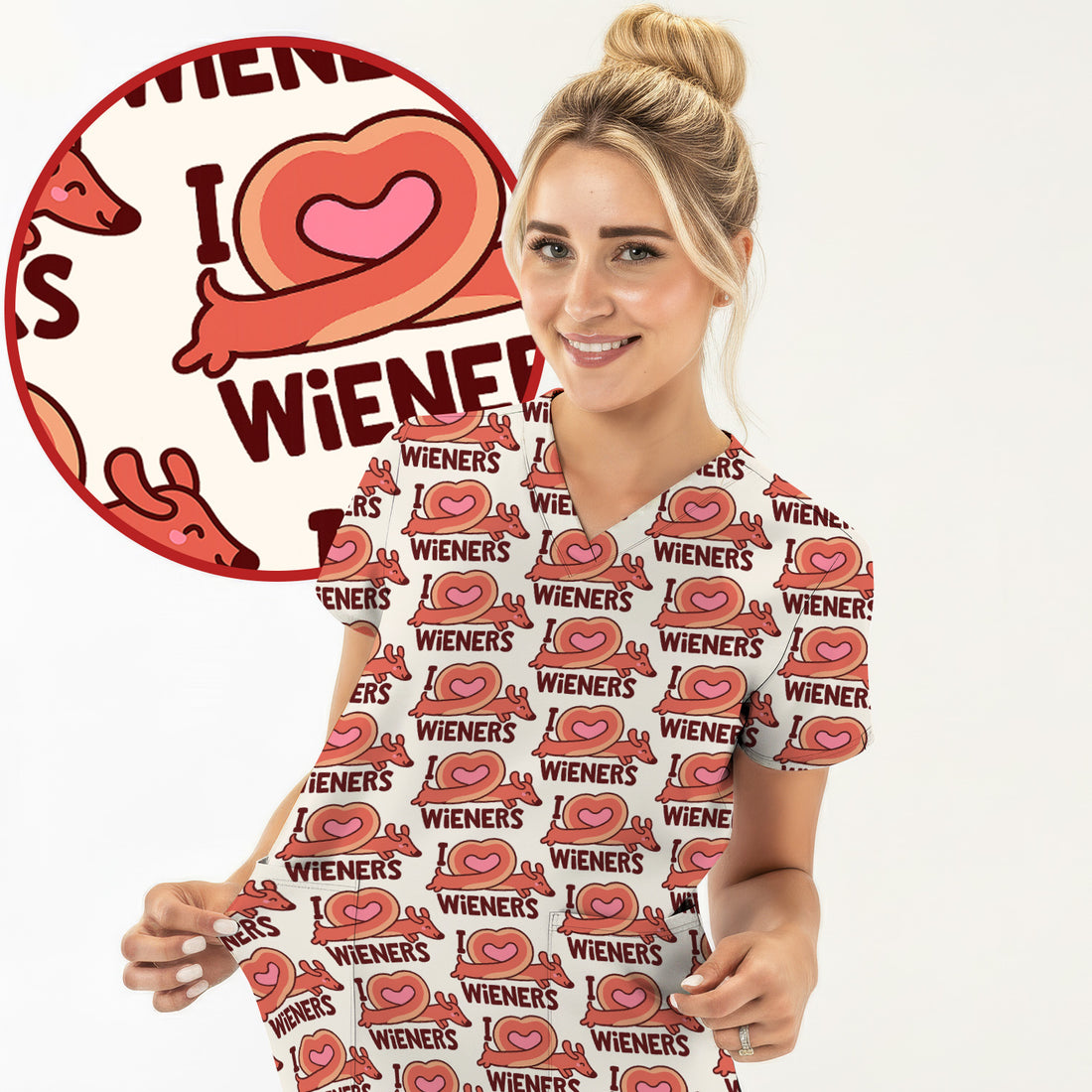 Cute I Love Wieners Dachshund Heart Pattern Scrub Top, Comfortable Scrubs For Nurses