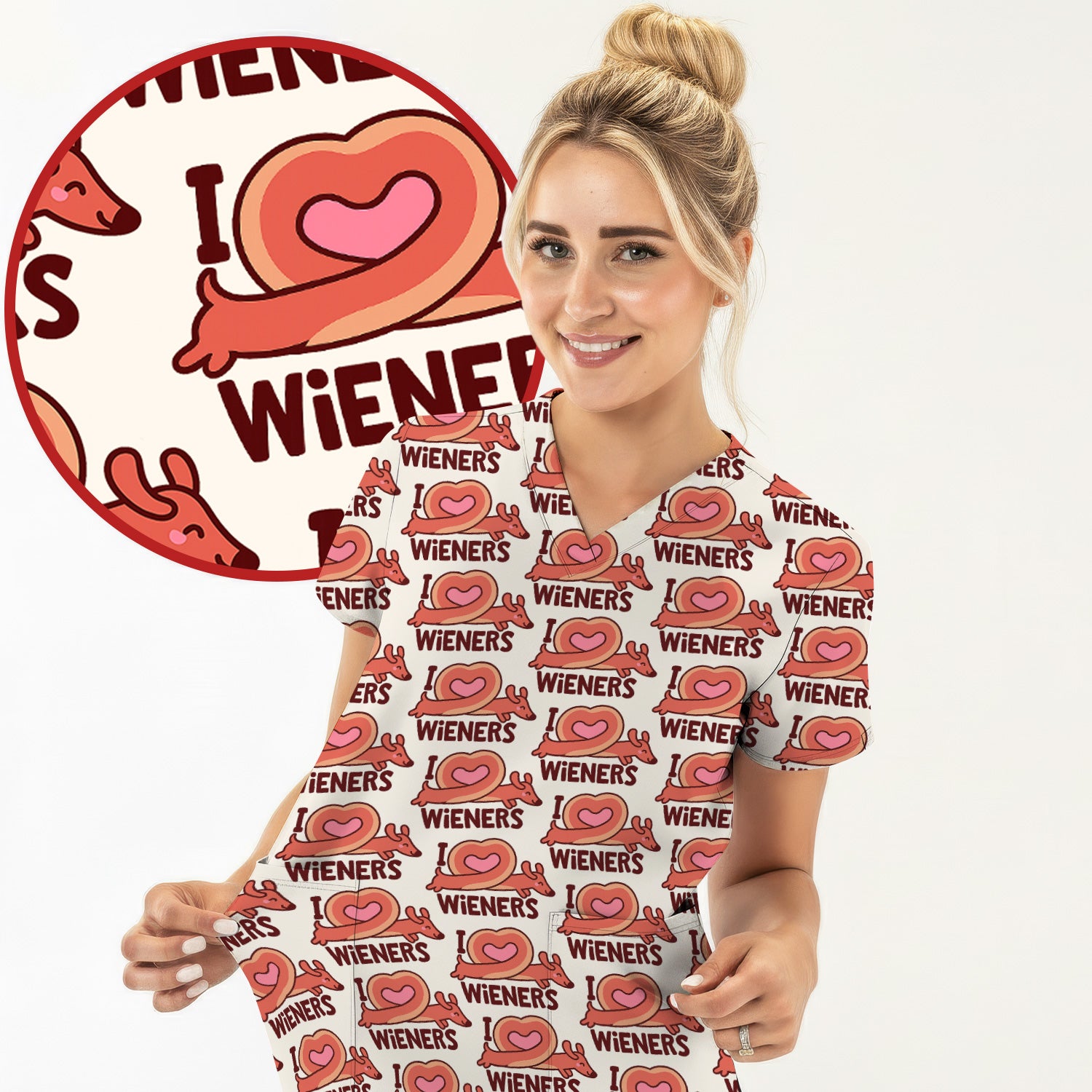 I Love Wieners Dachshund Heart Pattern Scrub Top, Comfortable Scrubs For Nurses
