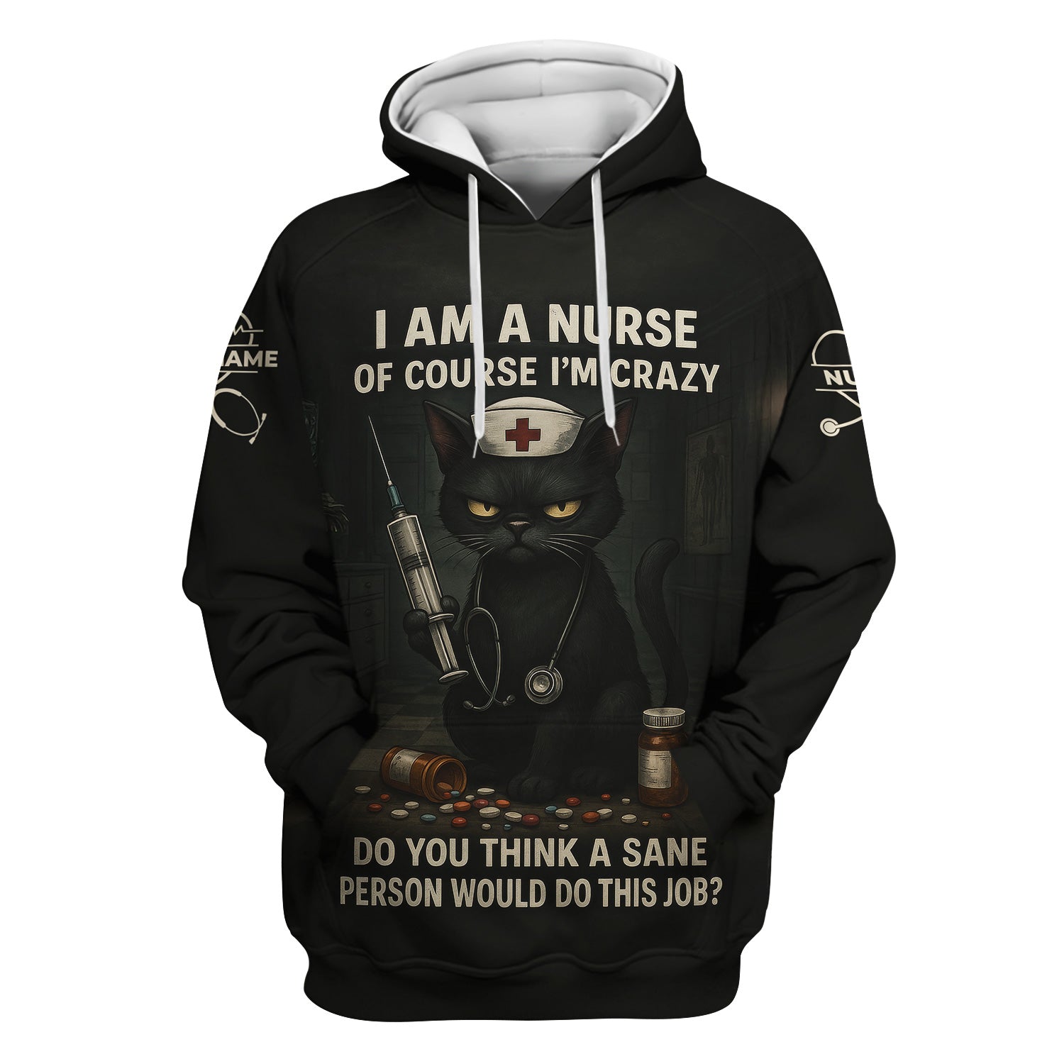 Personalized Crazy Nurse Graphic Shirt - Black Cat with Quote for RN, LPN, CNA - Hilarious Gift for Night Shift Nurses
