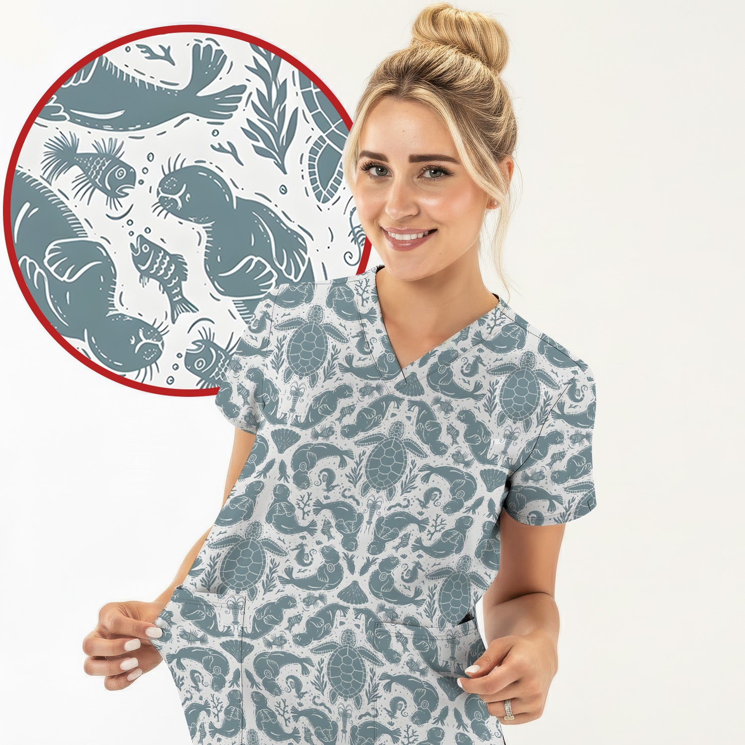 Ocean Sea Marine Life Pattern Scrub Top, Breathable Medical Scrubs