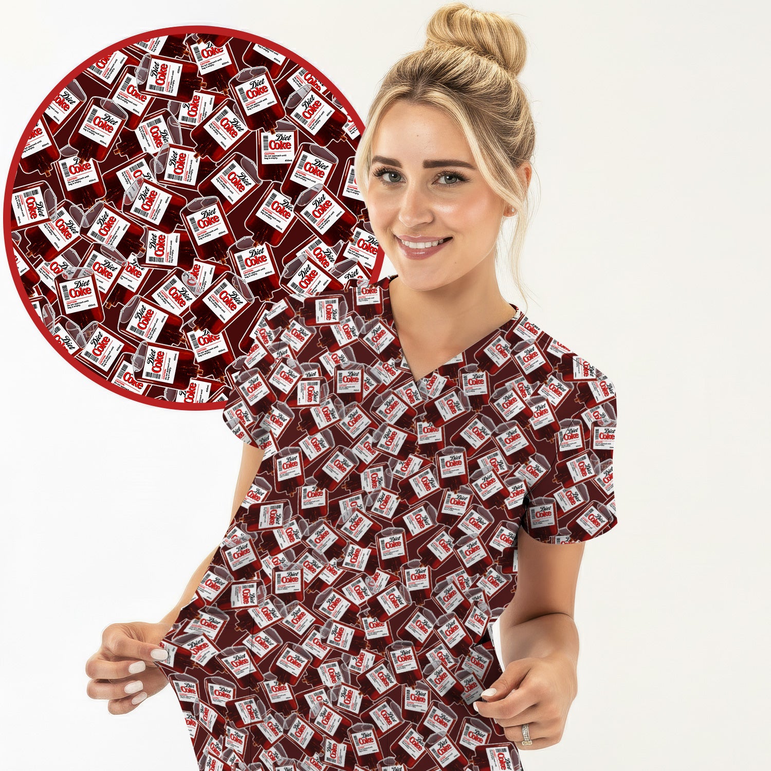 Vintage Soda Bottle Print V Neck Scrub Top for Nurses, Red Medical Uniform