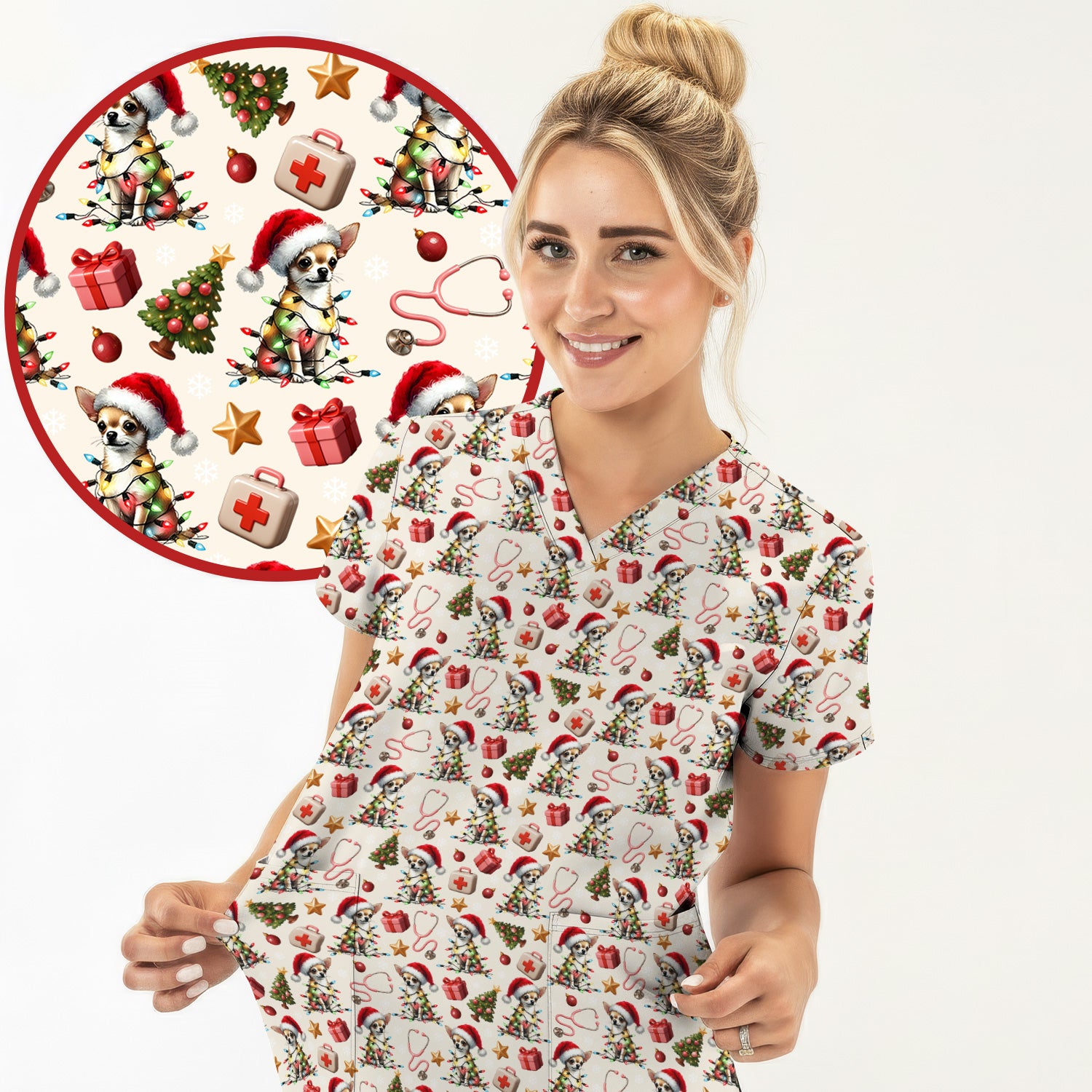 Funny Chihuahua Nurse Scrub Set, Christmas Dog Pattern Scrub With Top And Pants, Holiday Scrubs for RN, LPN, CNA, Vet Tech Gift