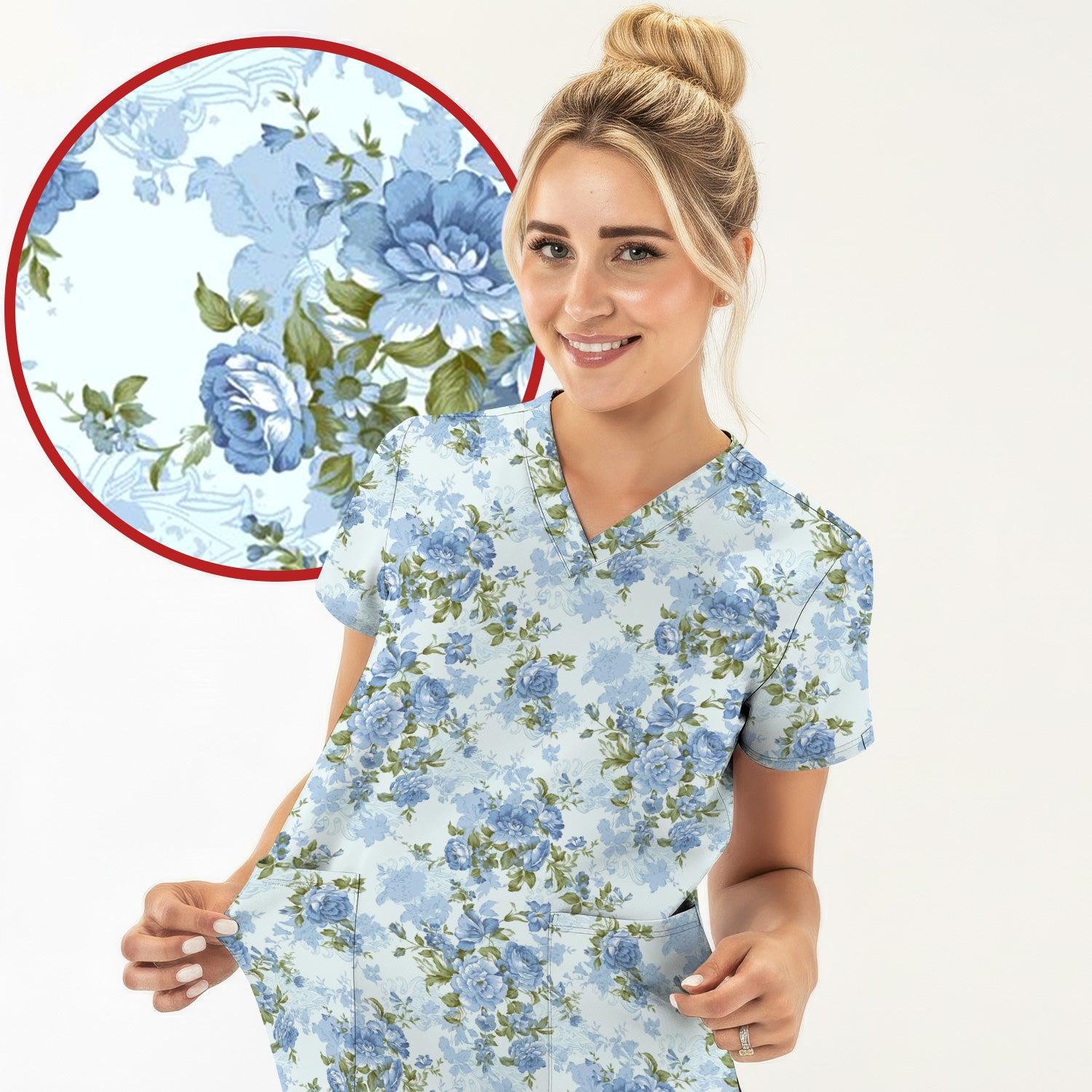 Cute Blue Floral Pattern Scrub Top, Comfortable Scrubs for Nurses