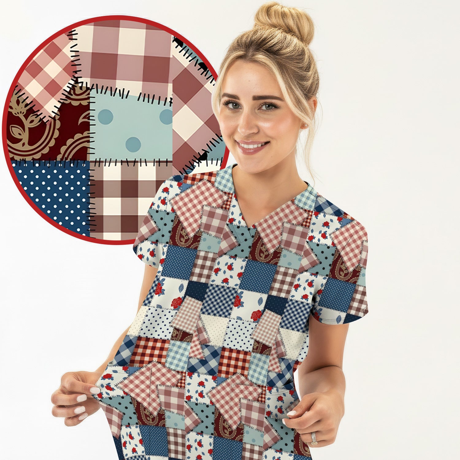 Retro Patchwork Plaid Quilt Pattern Scrub Top, Comfortable Scrubs for Nurses