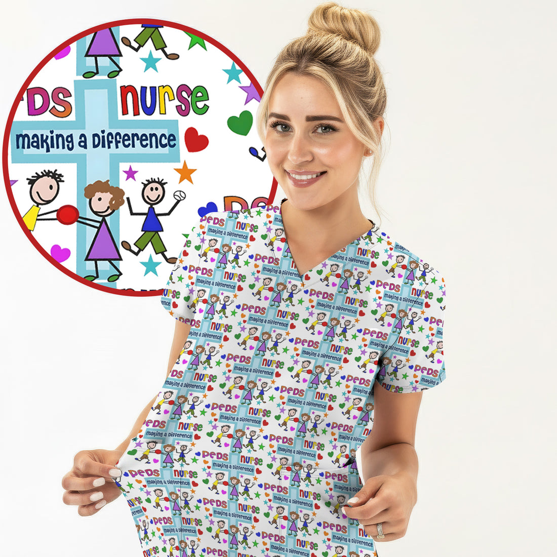 Peds Nurse Making A Difference Pattern Scrub Top, Comfortable Scrubs for Nurses