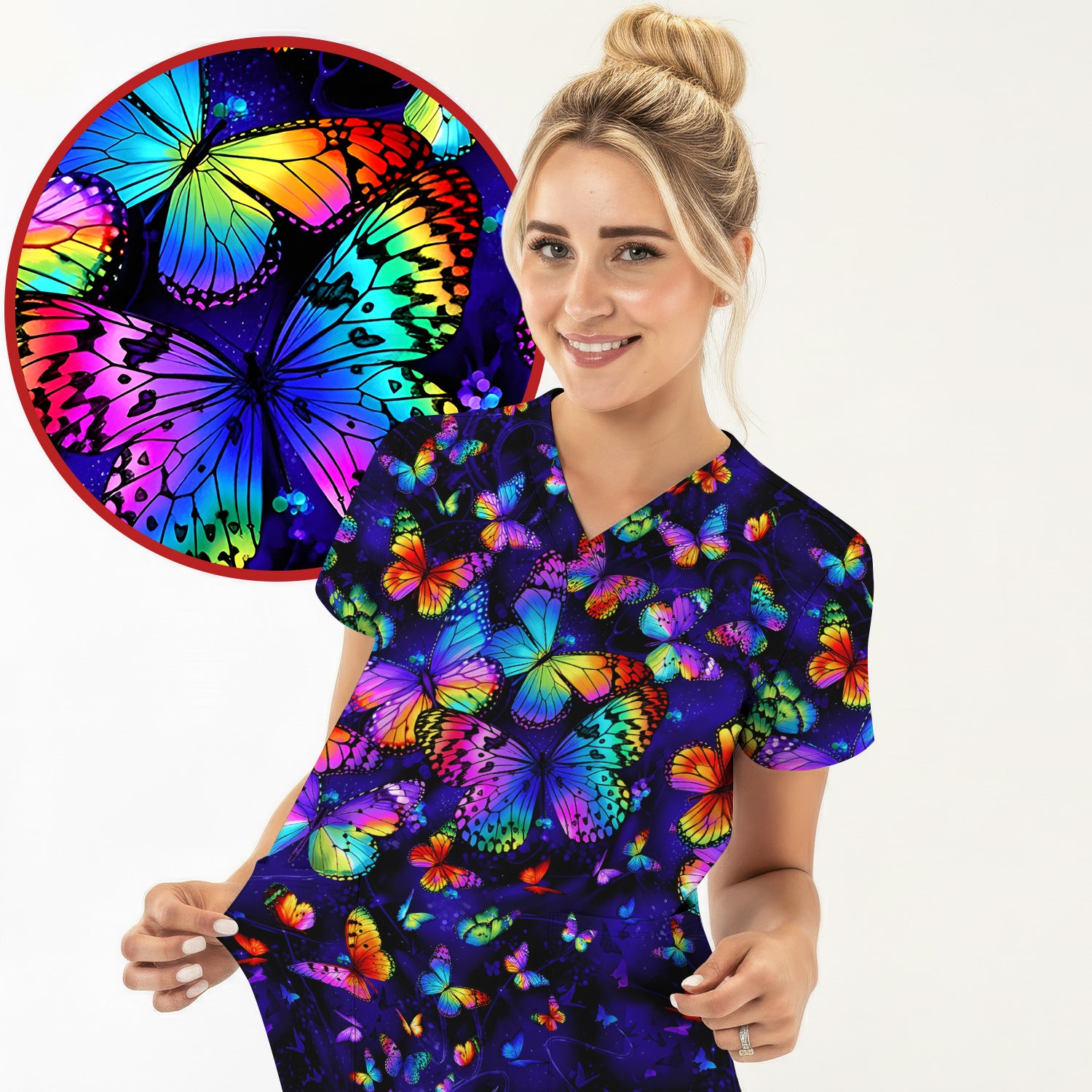 Vibrant Rainbow Butterfly Galaxy Pattern Scrub Top, Comfortable Scrubs for Nurses