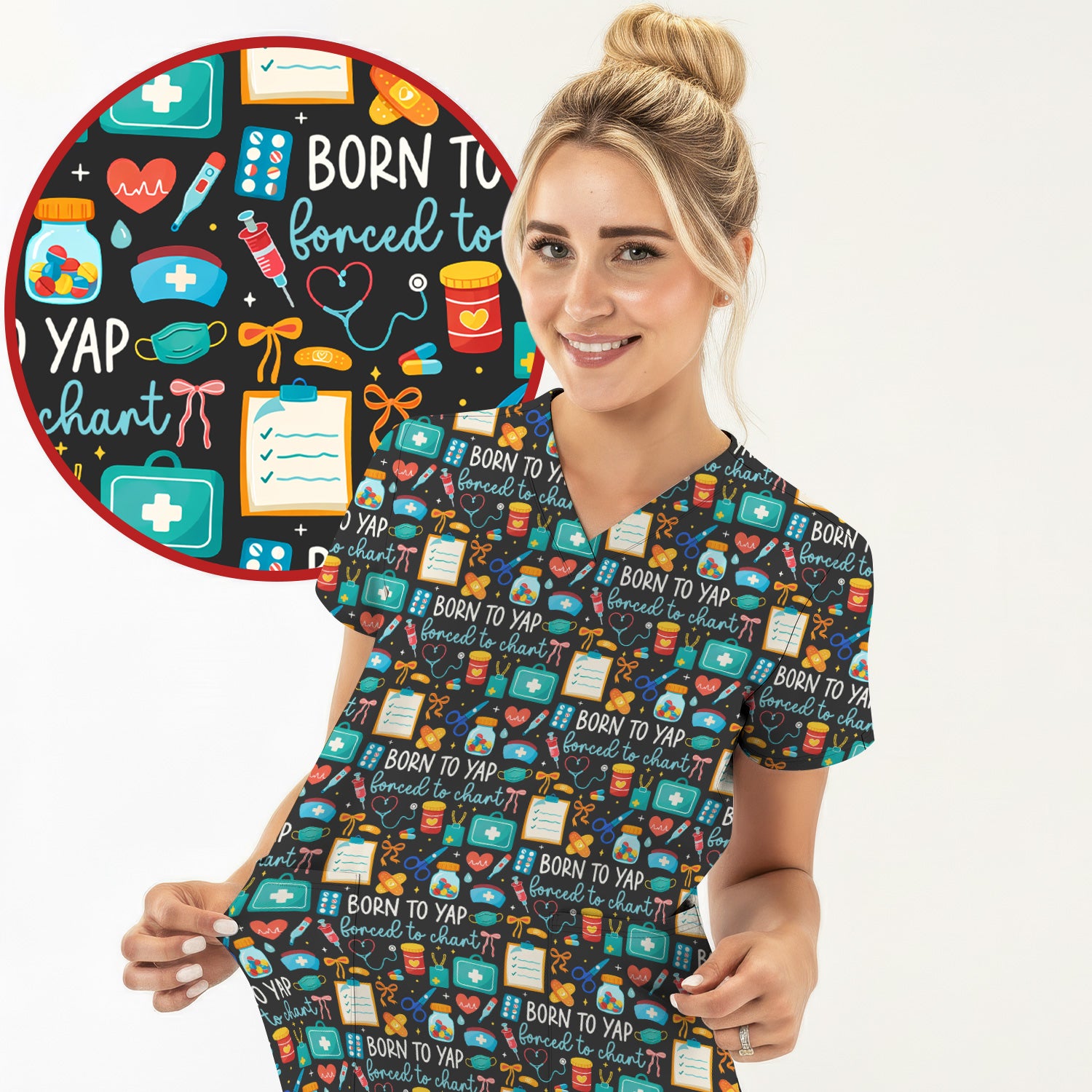 Born To Yap Medical Tools Pattern Scrub Top, Comfortable Scrubs for Nurses