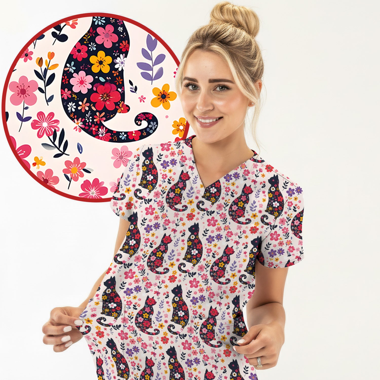 Floral Cat Silhouette Spring Garden Pattern Scrub Top, Comfortable Scrubs for Nurses