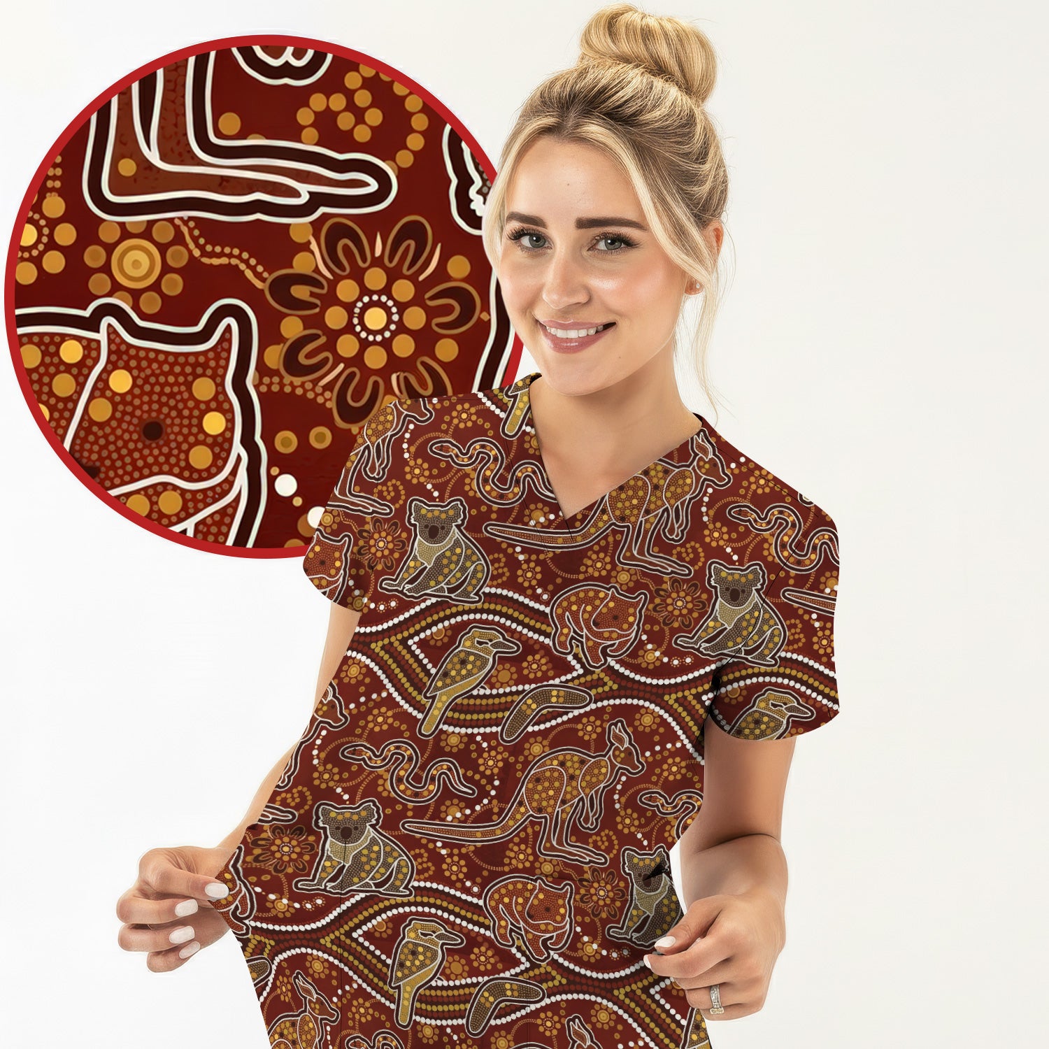 Australian Kangaroo Koala Aboriginal Art Pattern Scrubs Top, Comfortable Scrubs for Nurses