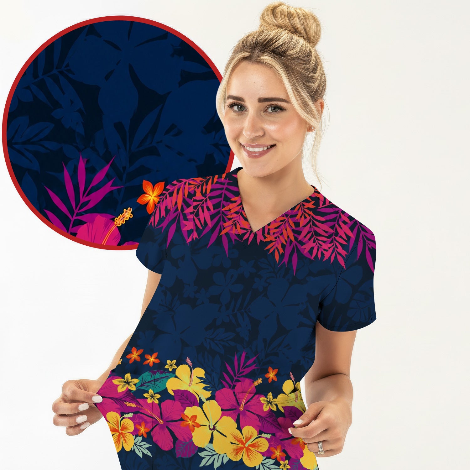 Tropical Hibiscus Palm Leaf Pattern Scrub Top, Comfortable Scrubs for Nurses