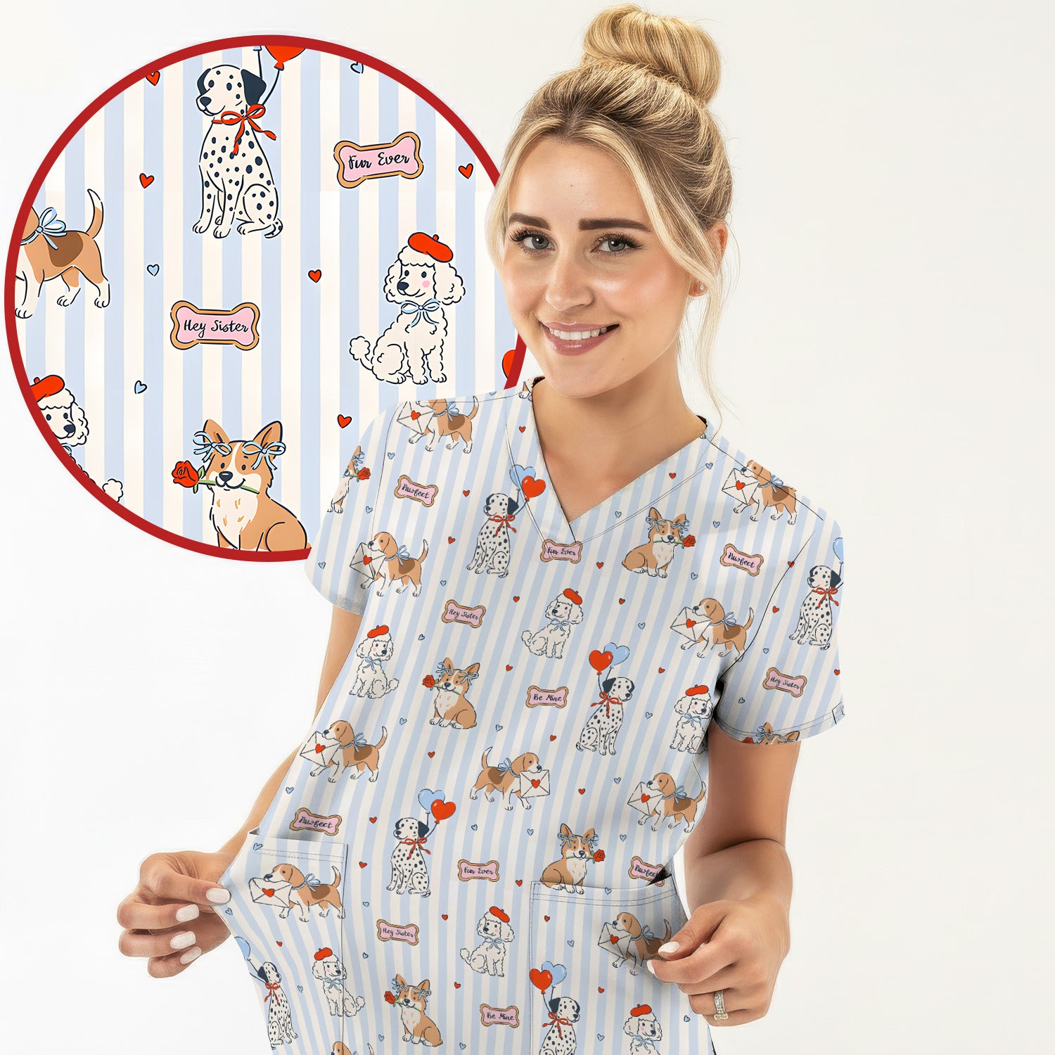 Valentine Puppy Heart Pattern Scrub Top, Comfortable Scrubs for Nurses