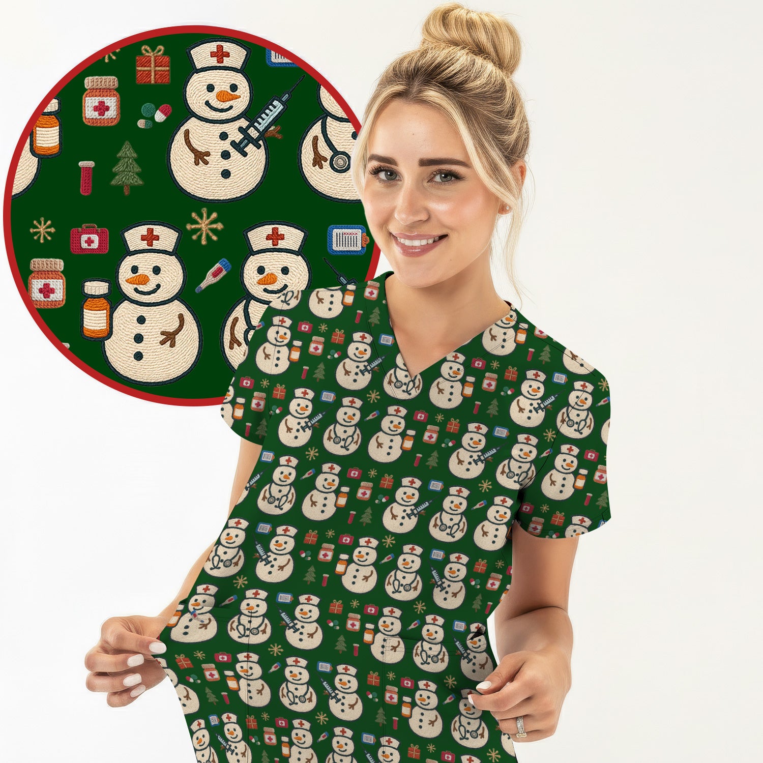 Snowman Nurse Christmas Scrub Top – Festive Medical Pattern Shirt – Cute Holiday Uniform For Nursing
