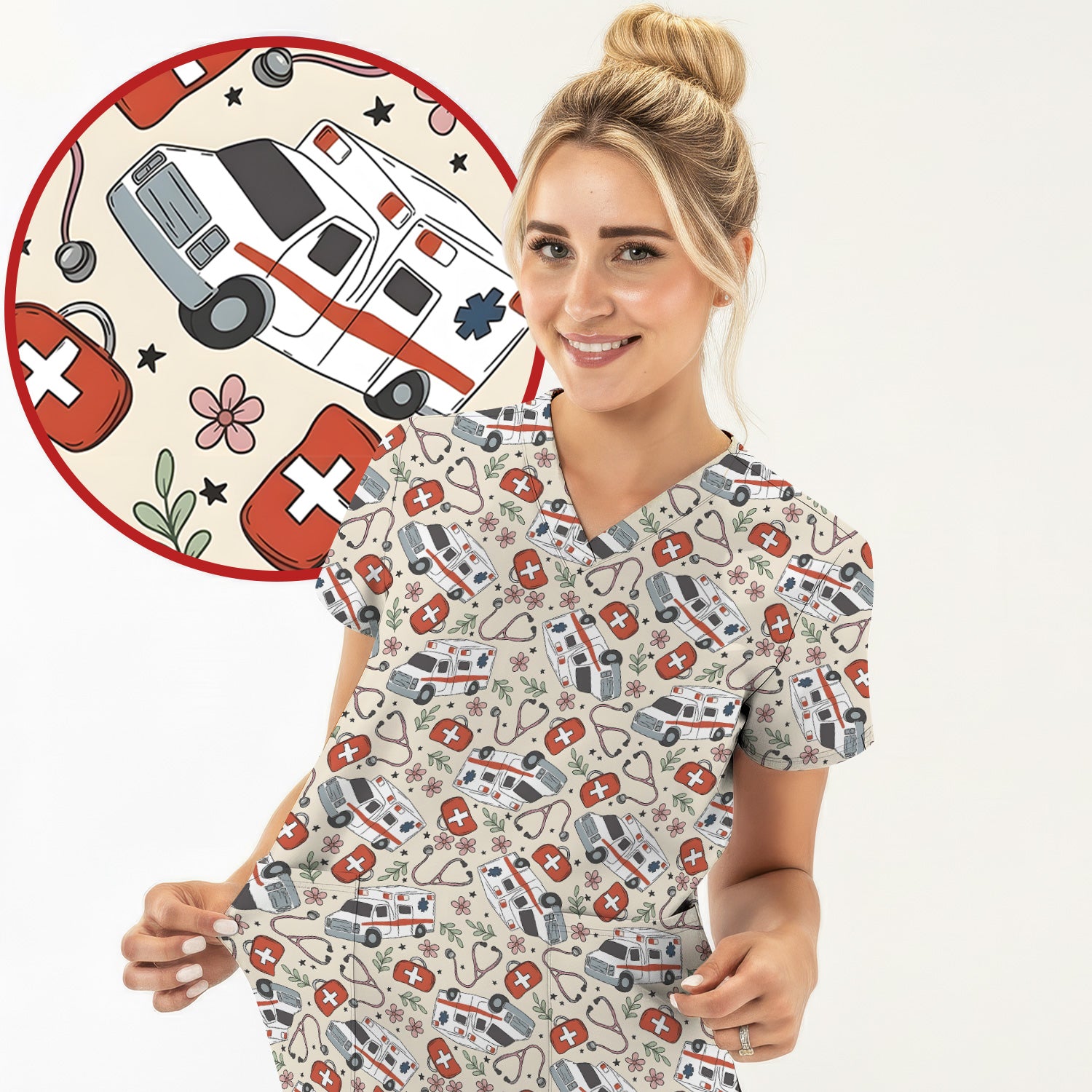 Ambulance Stethoscope First Aid Floral Pattern Scrub Top, Comfortable Scrubs for Nurses