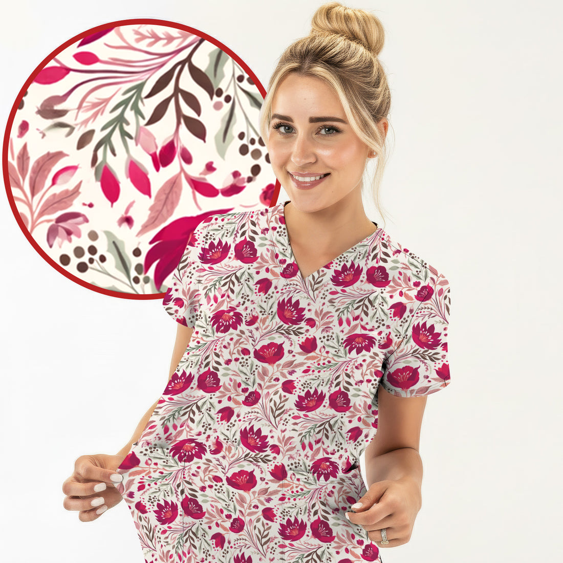 Elegant Floral Botanical Pattern Scrub Top, Breathable Fabrics Nursing Uniform