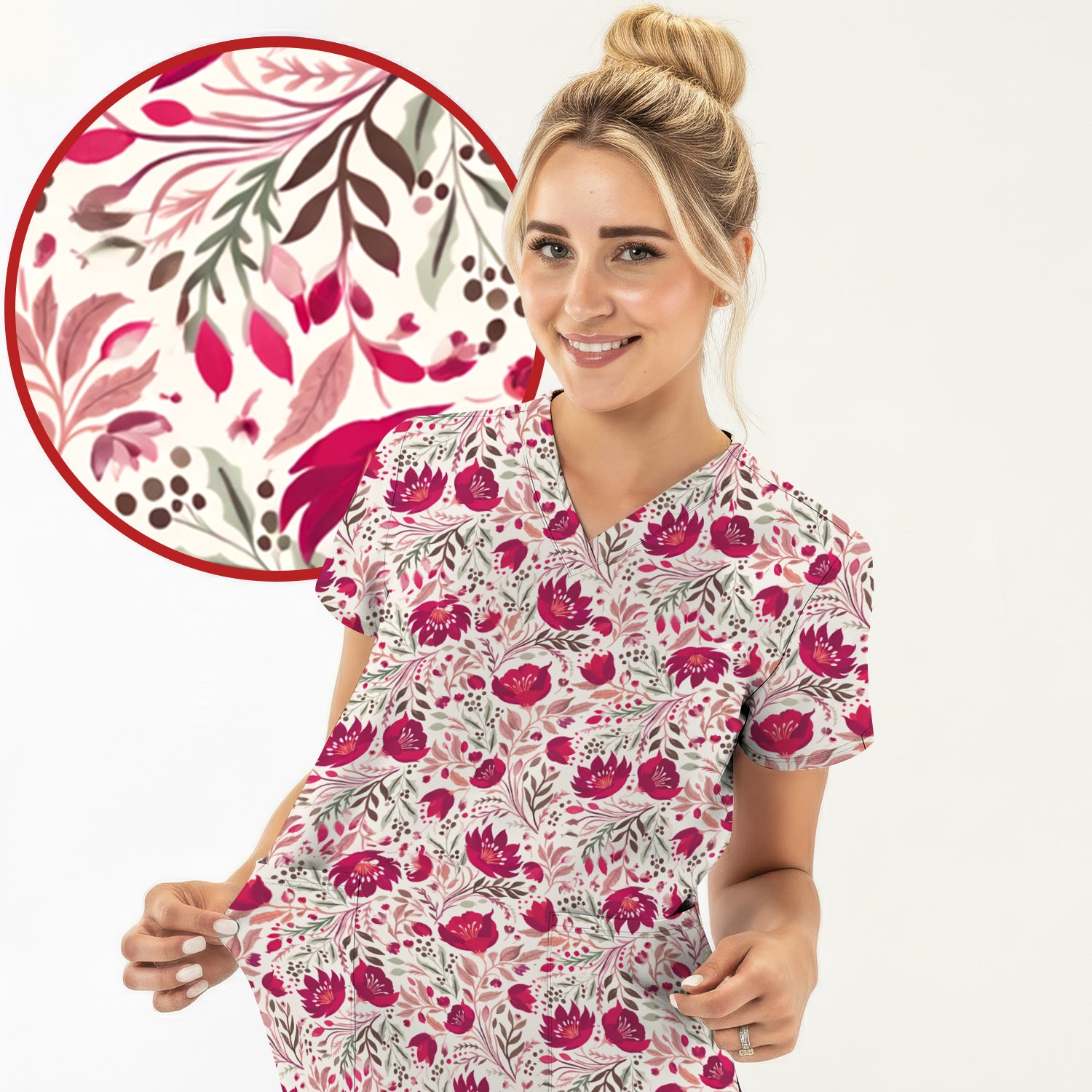 Elegant Floral Botanical Pattern Scrub Top, Breathable Fabrics Nursing Uniform