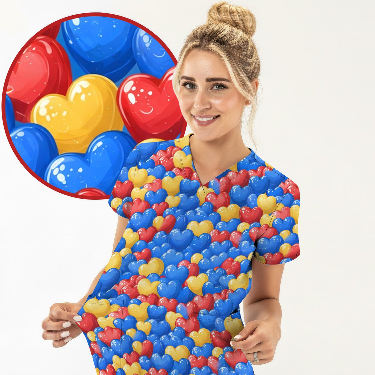Colorful Autism Heart Pattern Scrub Top, Comfortable Scrubs for Nurses