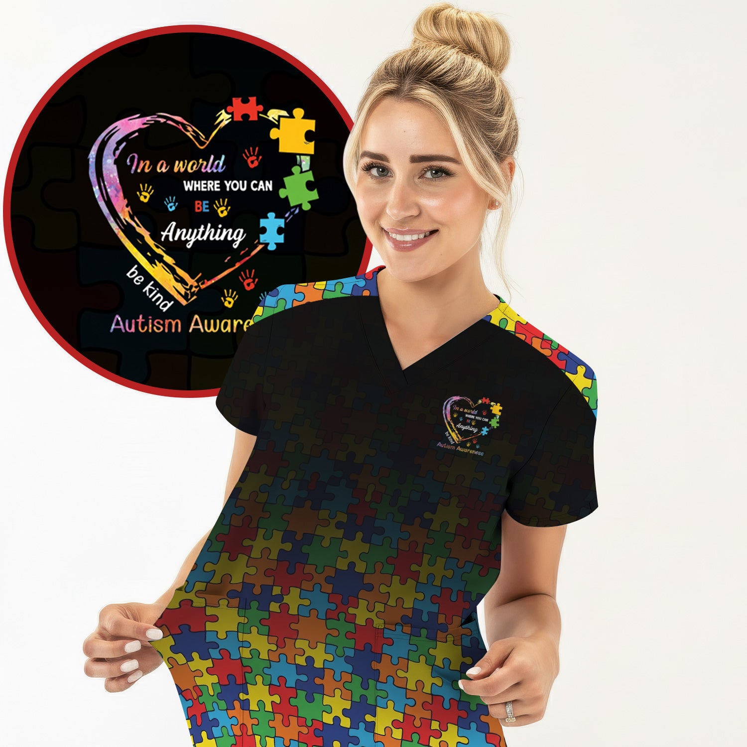 Autism Awareness Nurse Scrub Top, Puzzle Heart Print Full Design, Gift for Nurse
